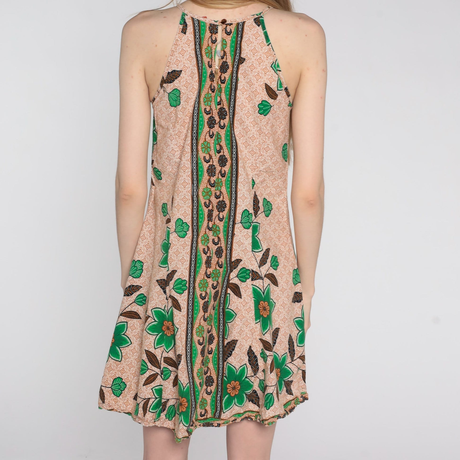 90s Batik Floral Mini Sundress Orange Sleeveless Shift Extra Small