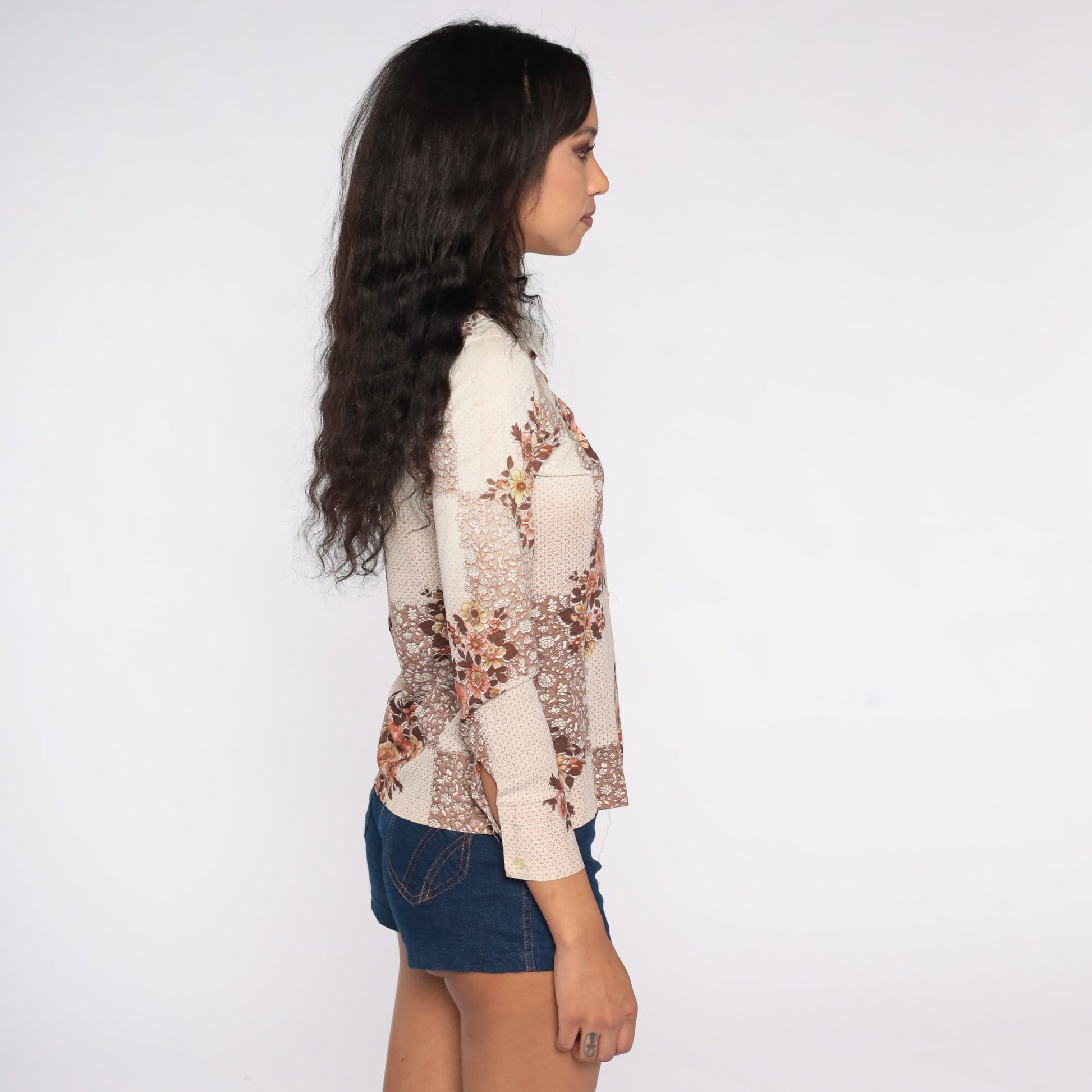 70s Brown Floral Button-Up Shirt Pointed Collar Long Sleeve Extra Small