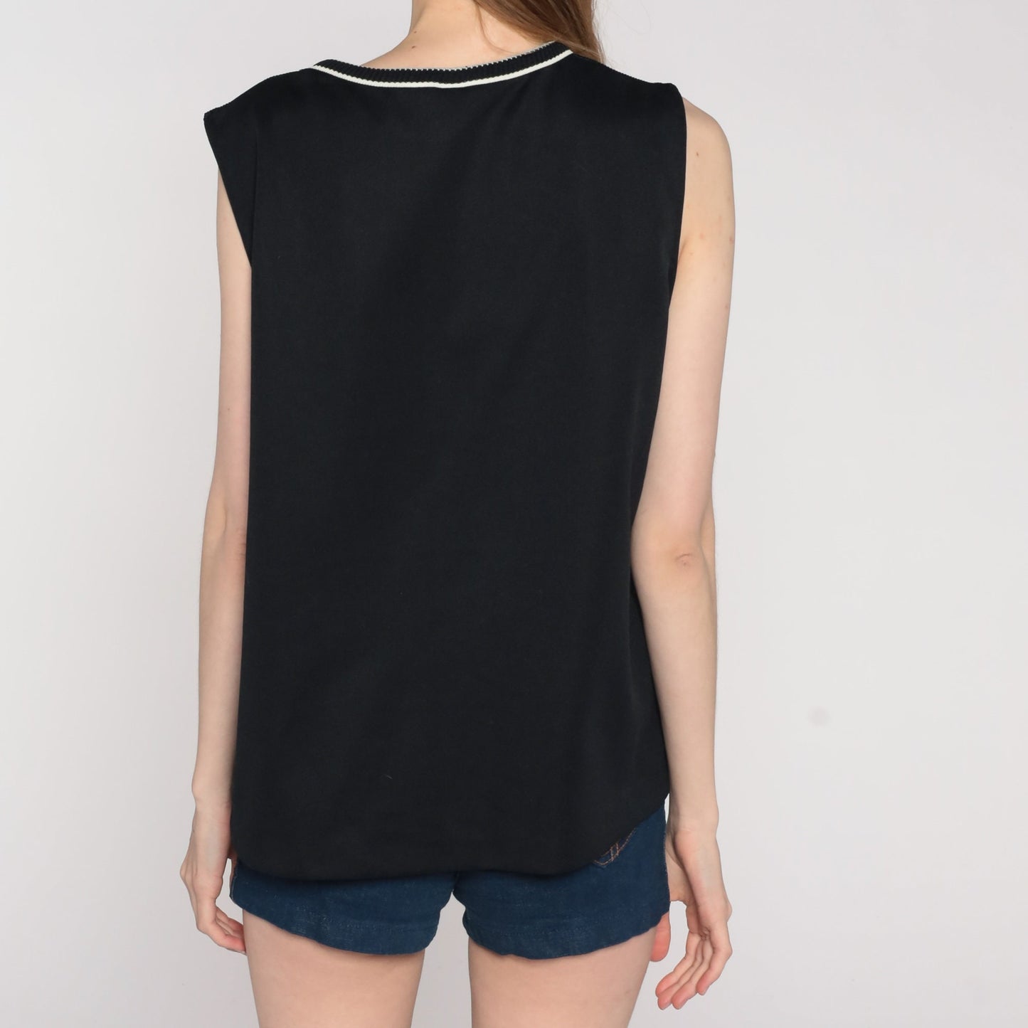 70s Black Off-White Striped Tank Top Sleeveless Blouse Large L