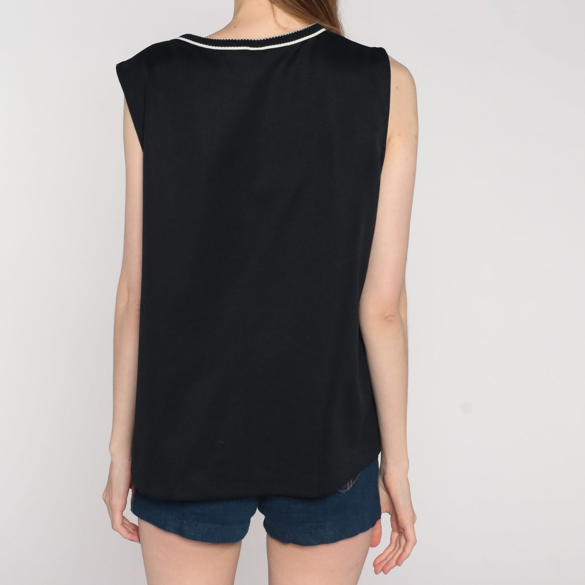 70s Black Off-White Striped Tank Top Sleeveless Blouse Large L