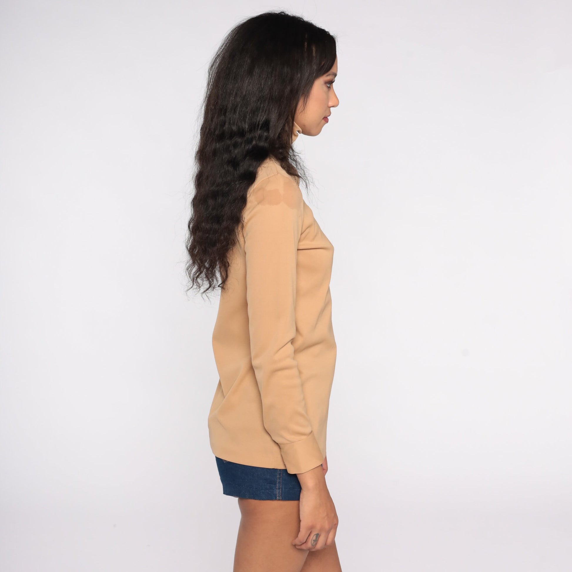 70s Camel Turtleneck Long Sleeve Shirt Polyester Extra Small