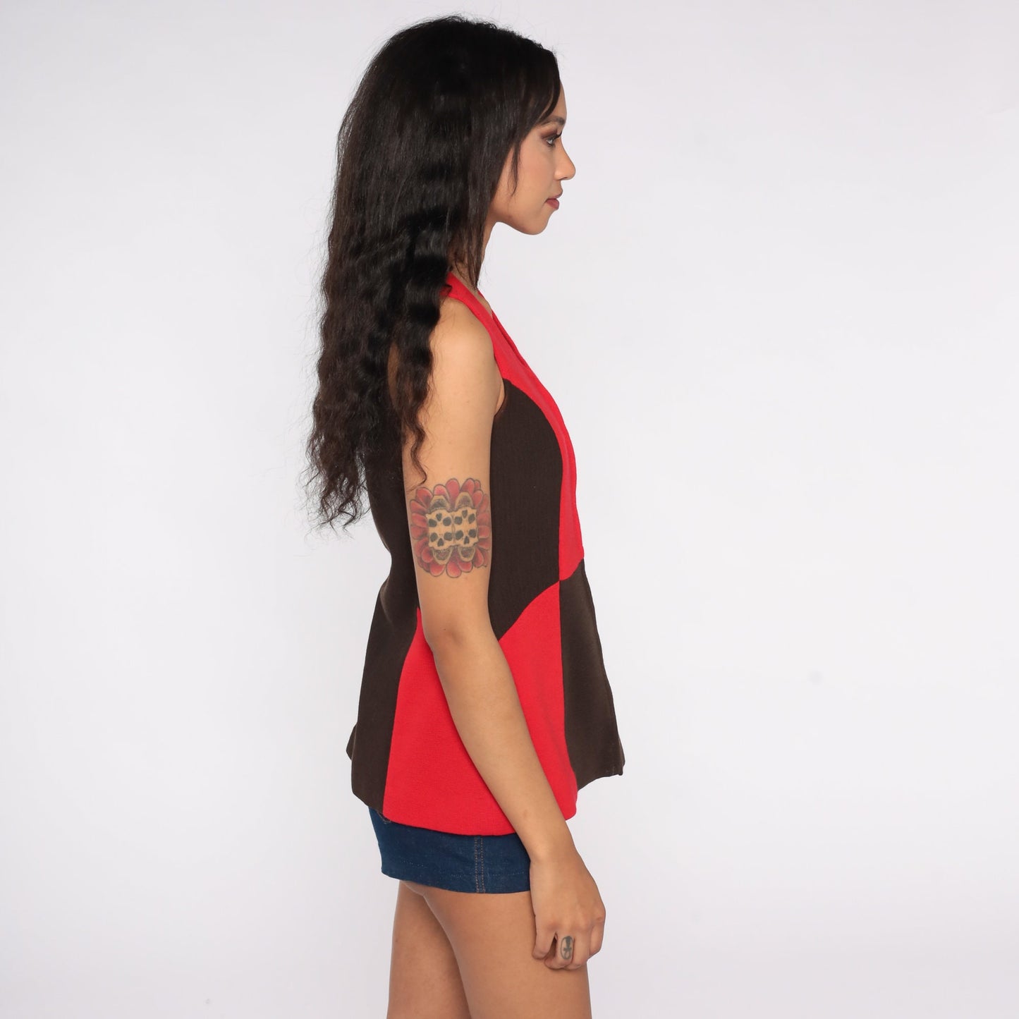 60s Mod Color Block Tank Top Zip Front Red Black Sleeveless Small