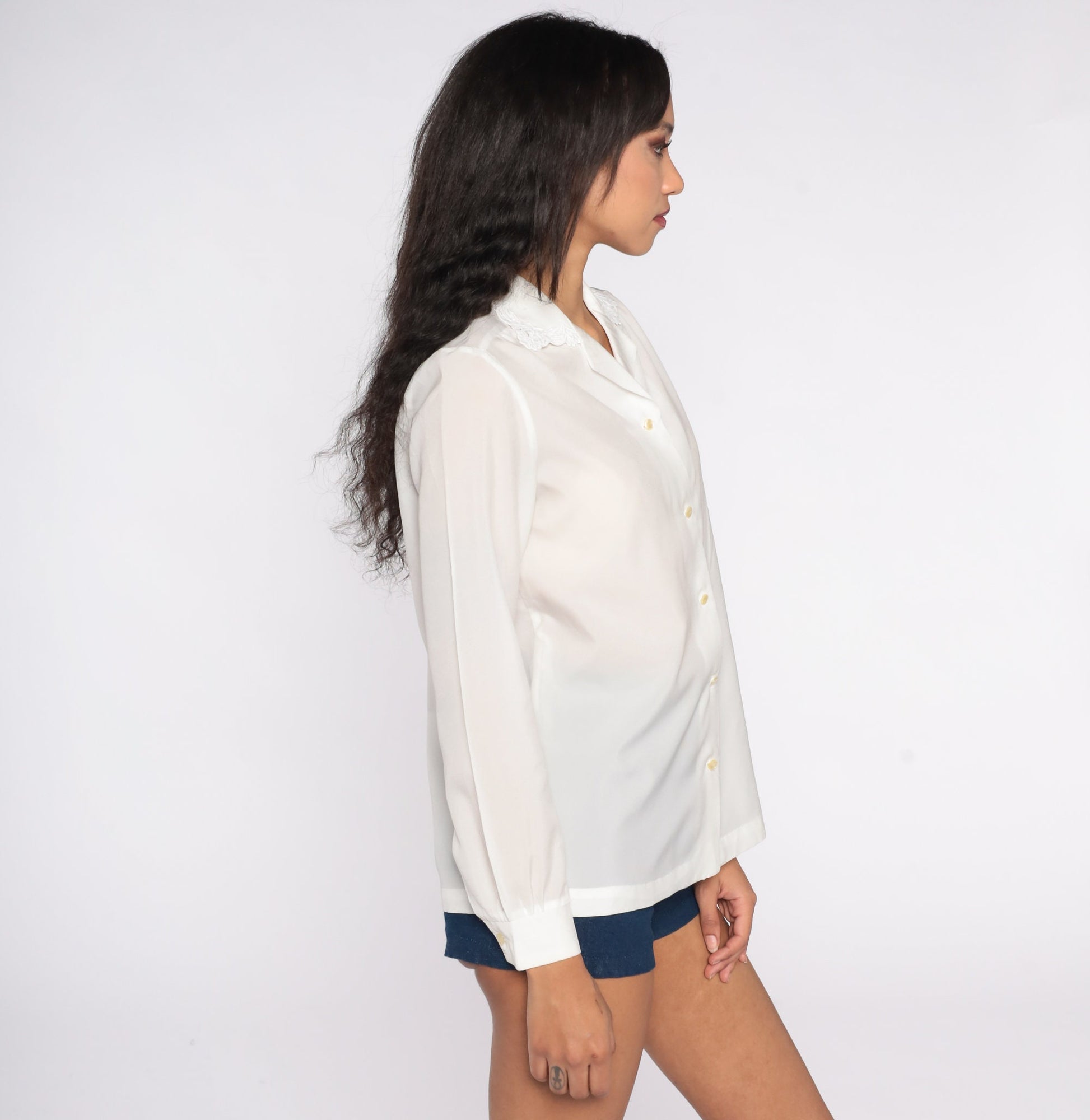 80s Semi-Sheer White Button-Up Blouse Lace Collar Long Sleeve Medium