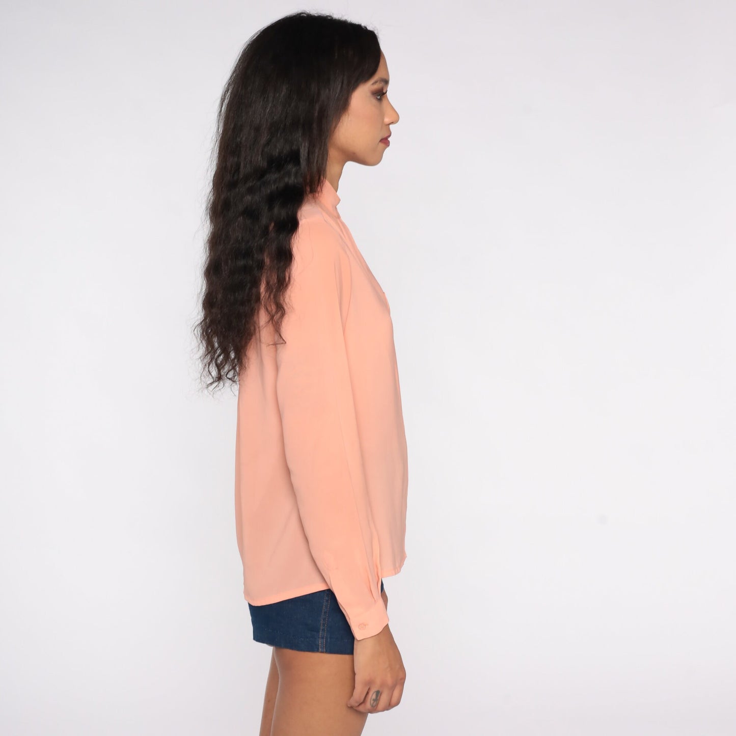 80s Peach Chiffon Blouse Long Sleeve Button Up Sheer Collar Small