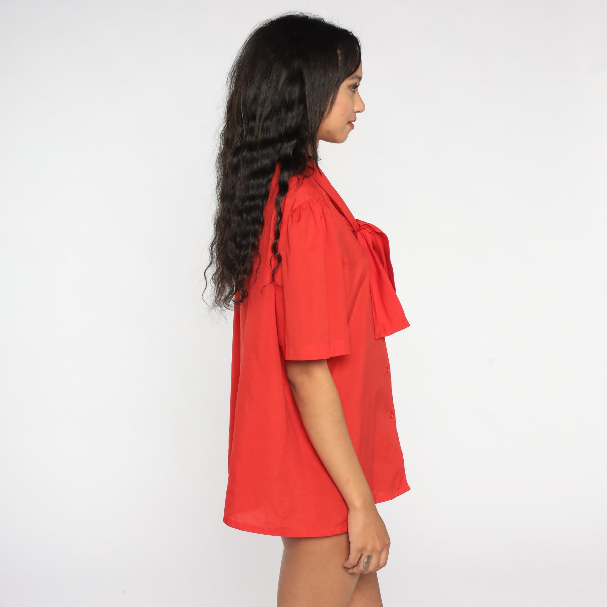 80s Red Ascot Bow Blouse Button-Up Secretary Shirt Puff Sleeve Extra Extra Large XXL