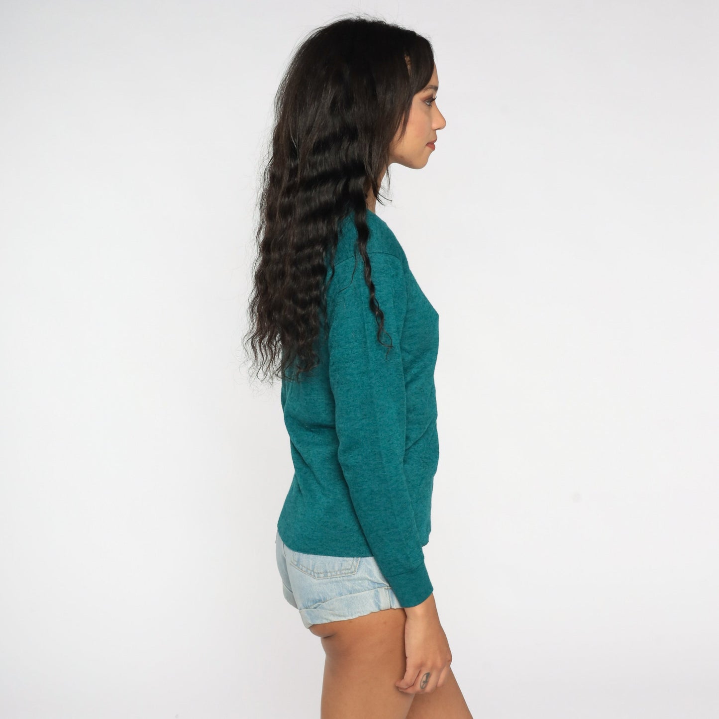 90s Teal Wool Blend Long Sleeve Knit Shirt Fitted Medium M