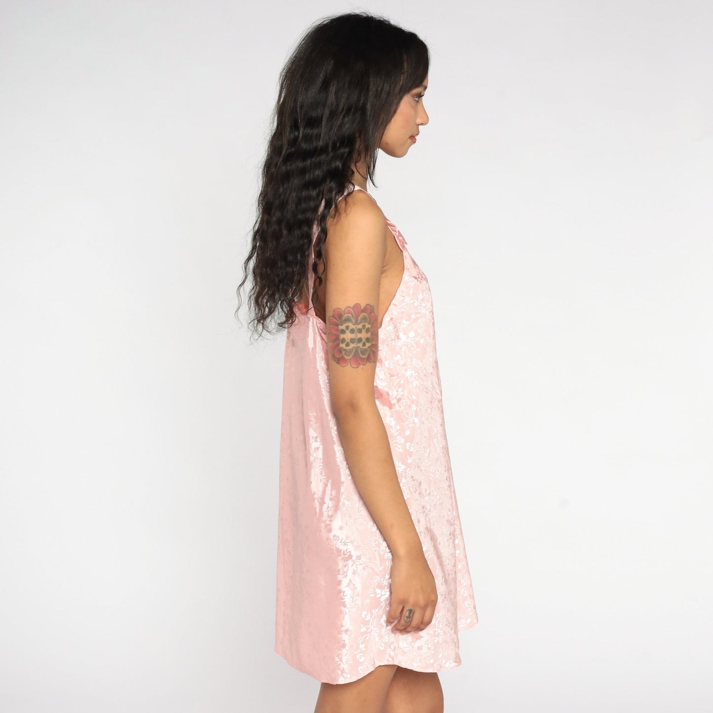 90s Baby Pink Slip Dress Floral Embossed Nightgown Bows Mini Medium