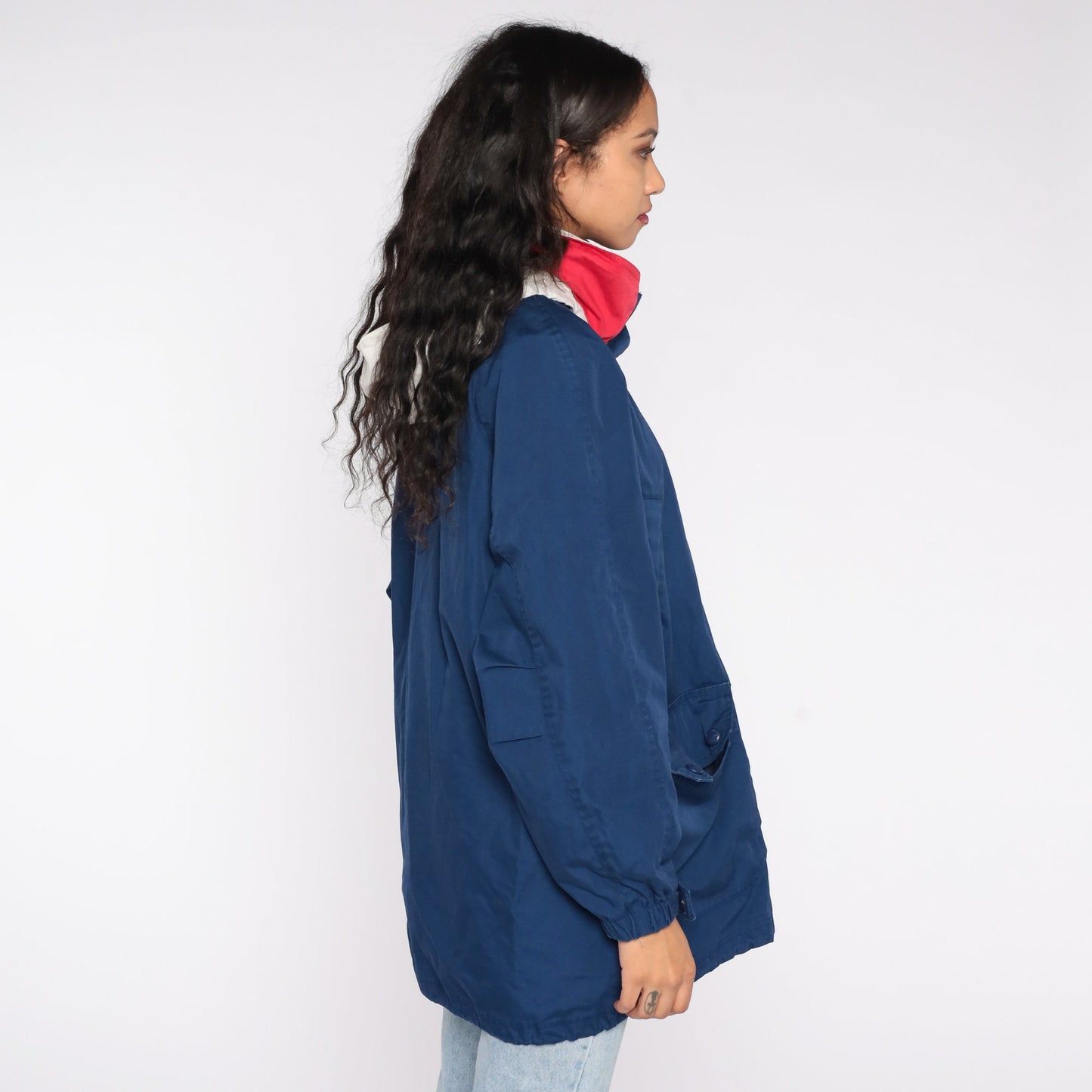 90s Navy Windbreaker Jacket Funnel Neck Raglan Lightweight Large L