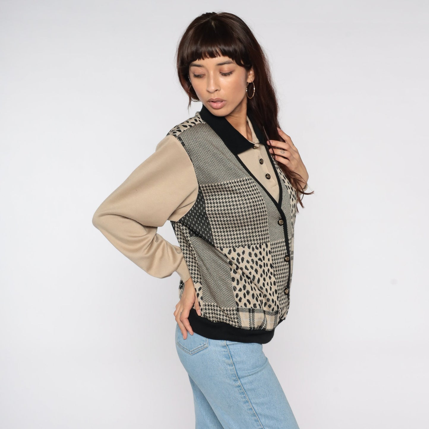 80s Patchwork Sweatshirt with Attached Vest Plaid Houndstooth Leopard Large L