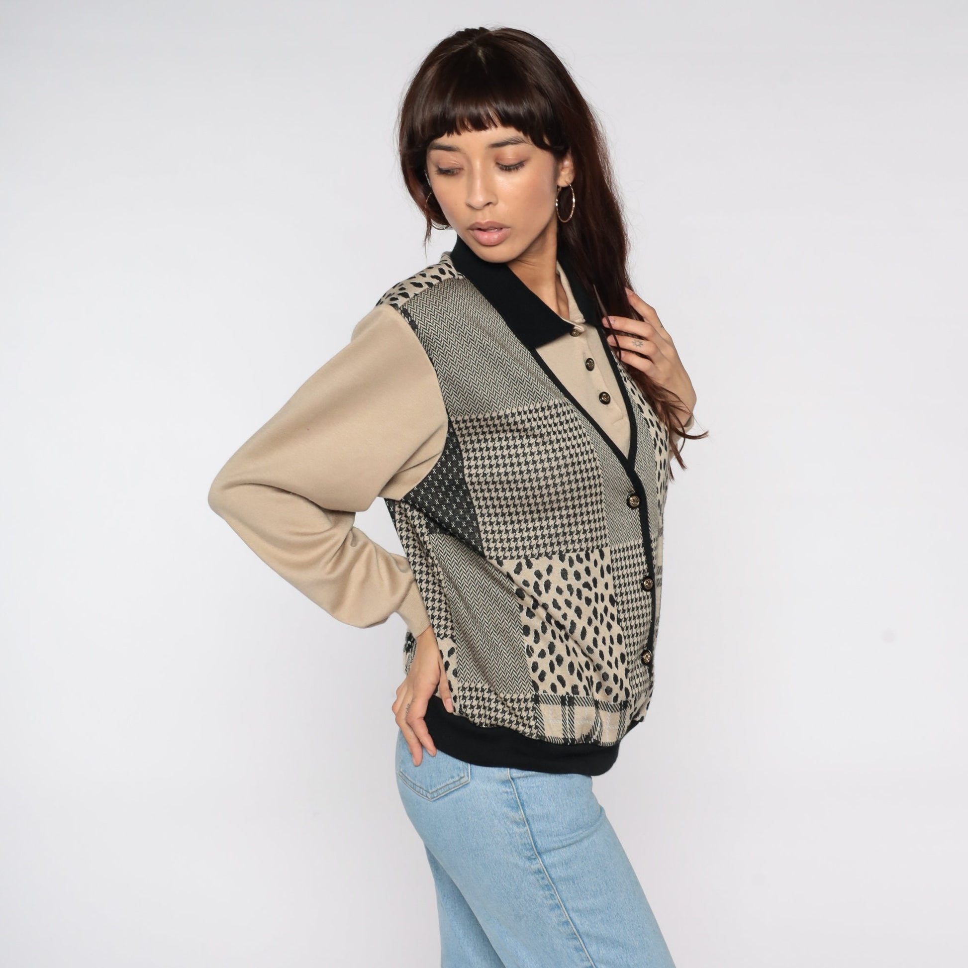 80s Patchwork Sweatshirt with Attached Vest Plaid Houndstooth Leopard Large L