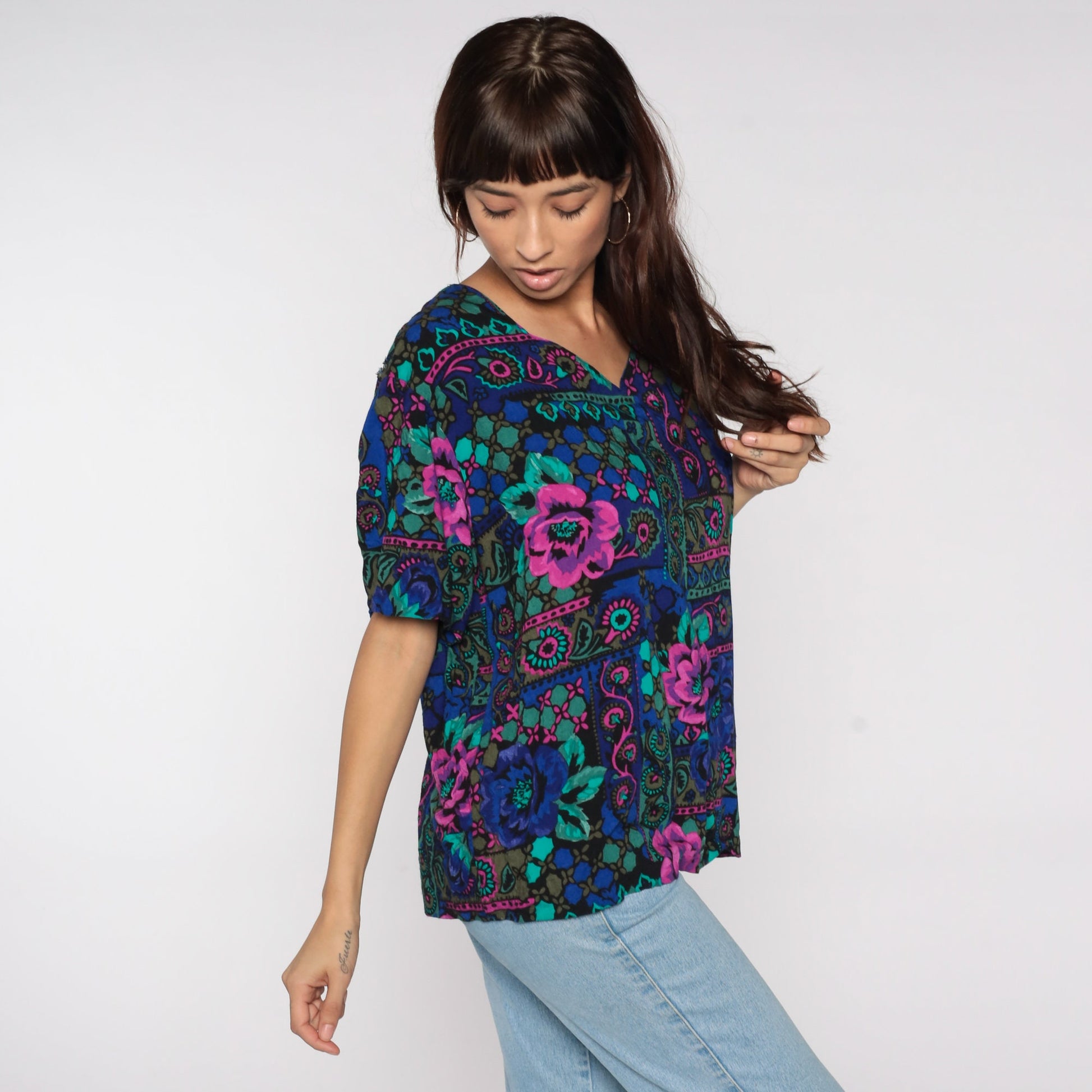 90s Geometric Floral Print Blouse Short Sleeve V-Neck Multicolor Large