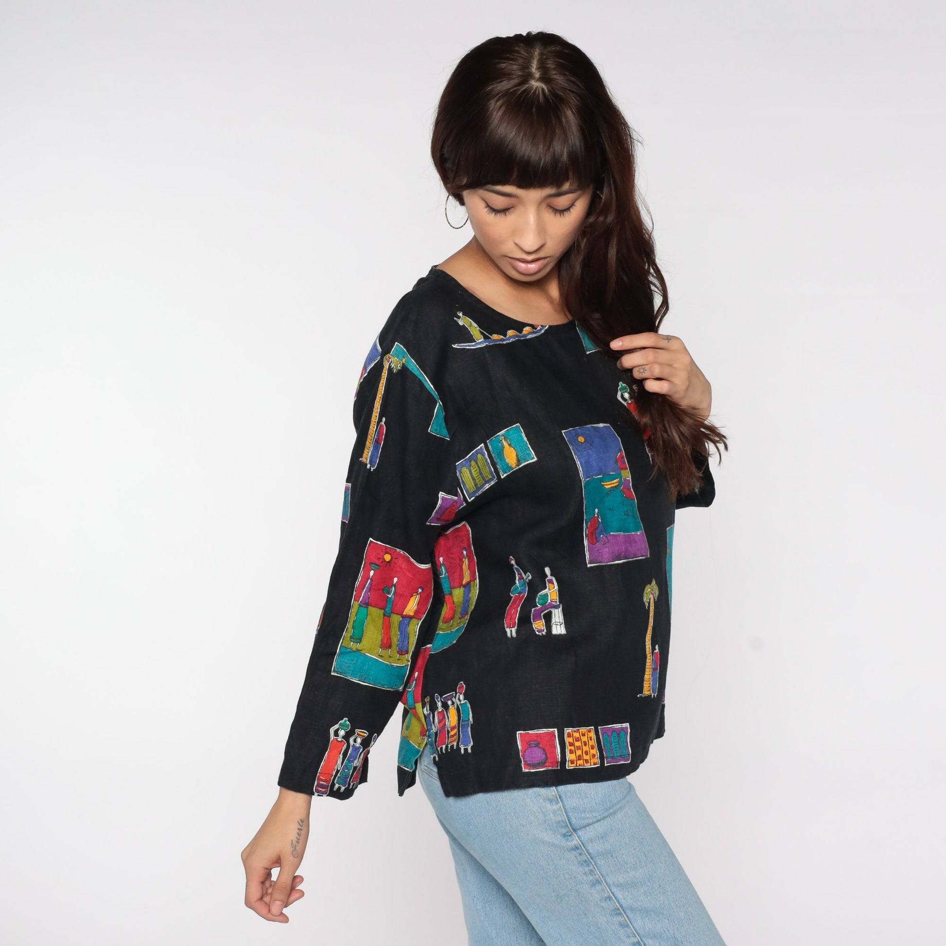 90s Village Print Black Blouse Long Sleeve Button Up Novelty Seaside Large L