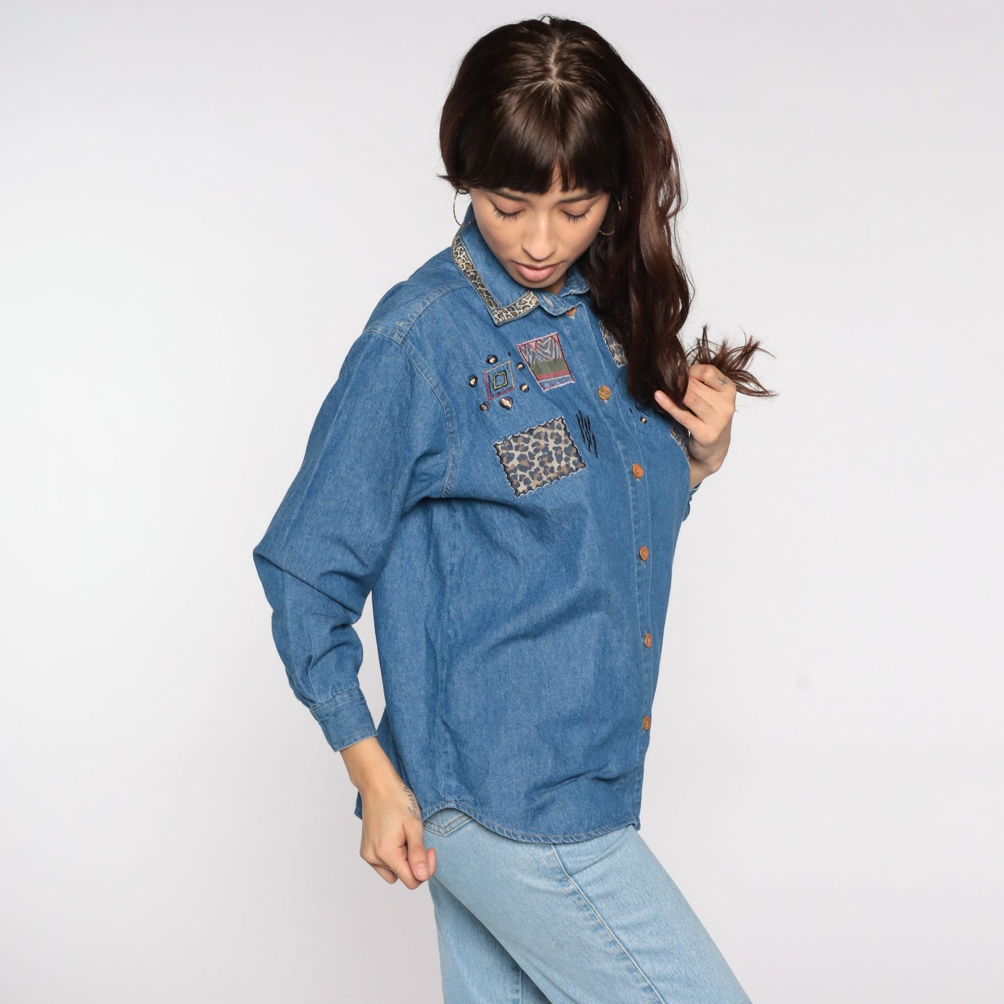 90s Denim Shirt Leopard Patchwork Abstract Blue Button Up Medium