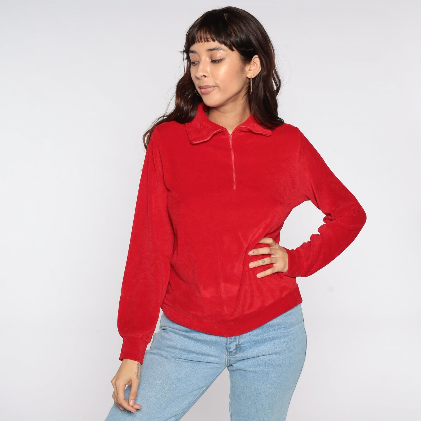 80s Wrangler Terry Cloth Quarter Zip Polo Red Long Sleeve Medium