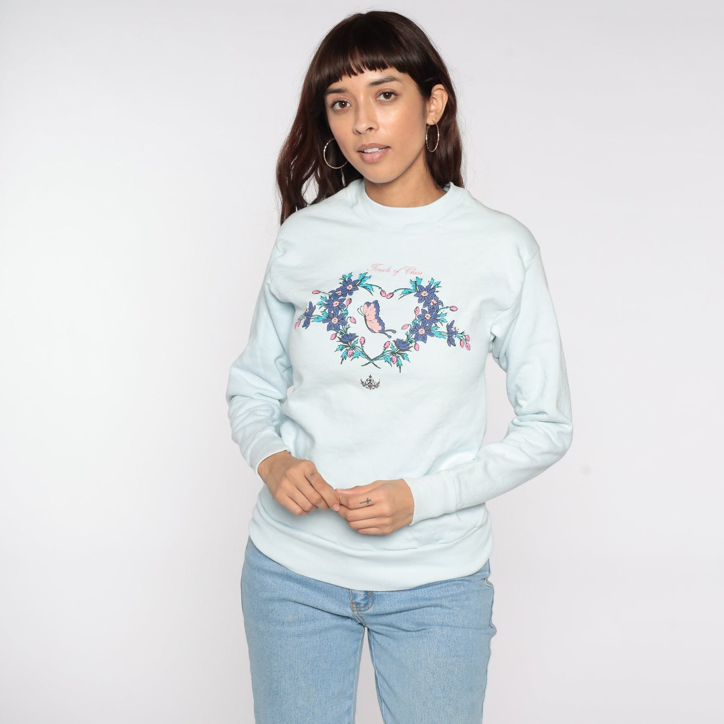 80s Touch Of Class Butterfly Floral Sweatshirt Baby Blue Crewneck Extra Small