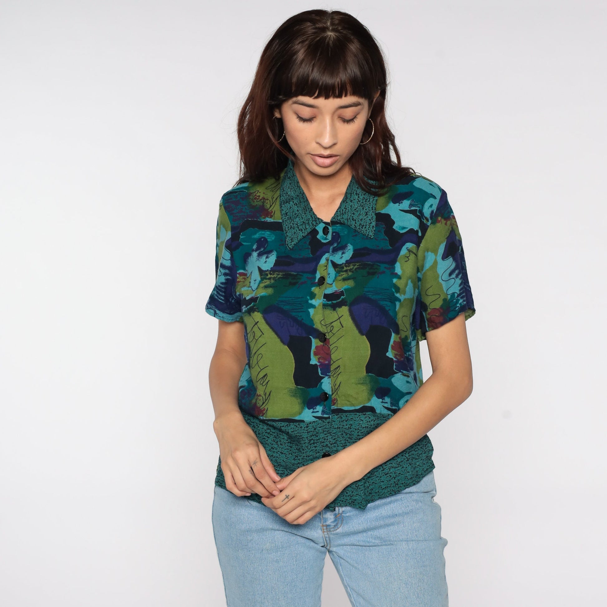 90s Abstract Watercolor Button-Up Blouse Dark Blue Green Short Sleeve Medium