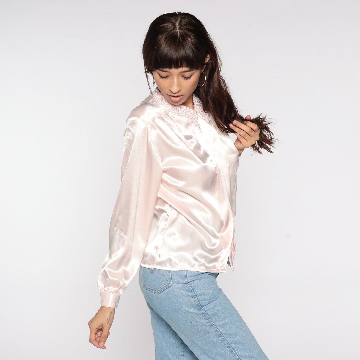 80s Baby Pink Satin Blouse Lace Collar Button Up Long Sleeve Medium