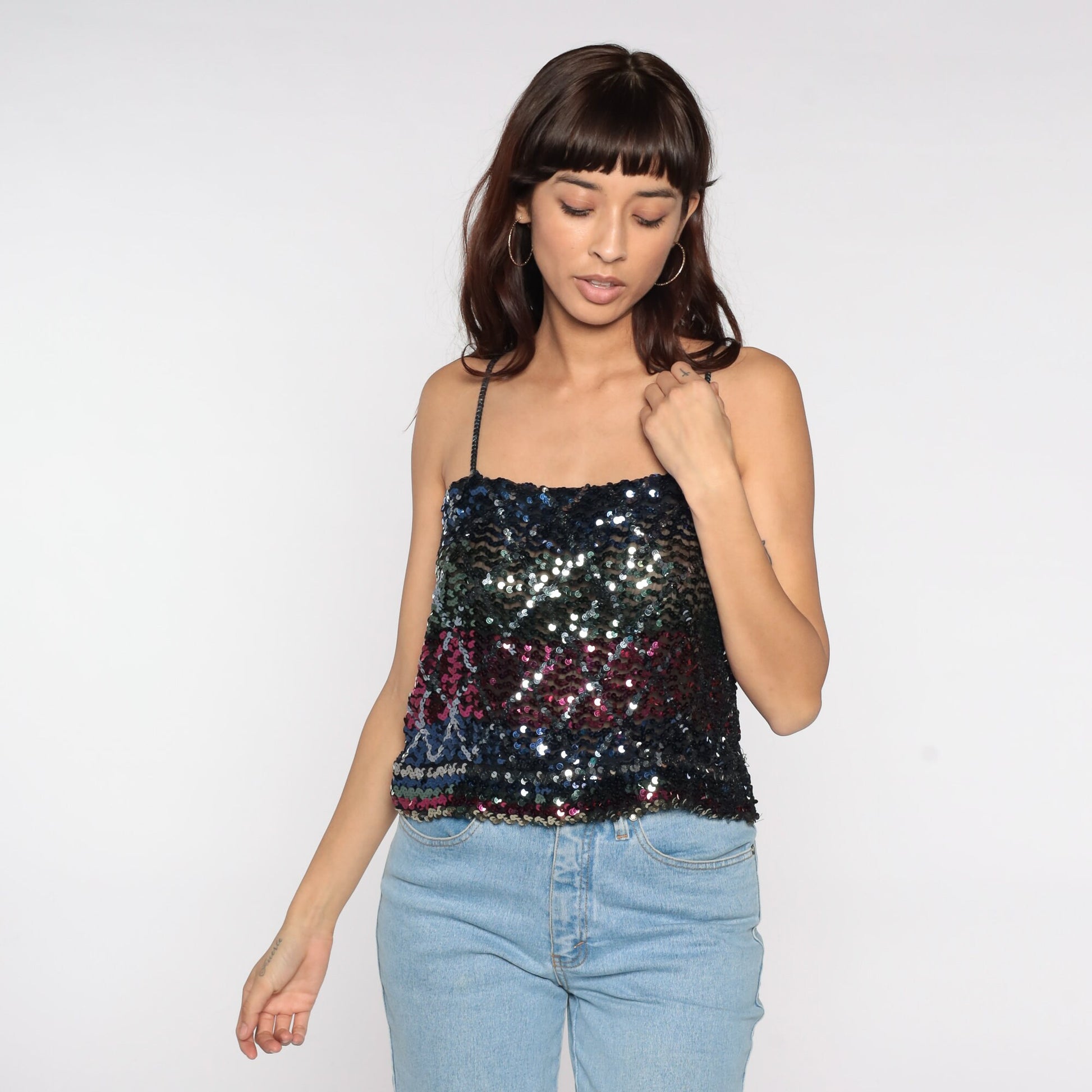 80s Black Sequin Tank Top Striped Diamond Pattern Crop Spaghetti Strap Medium