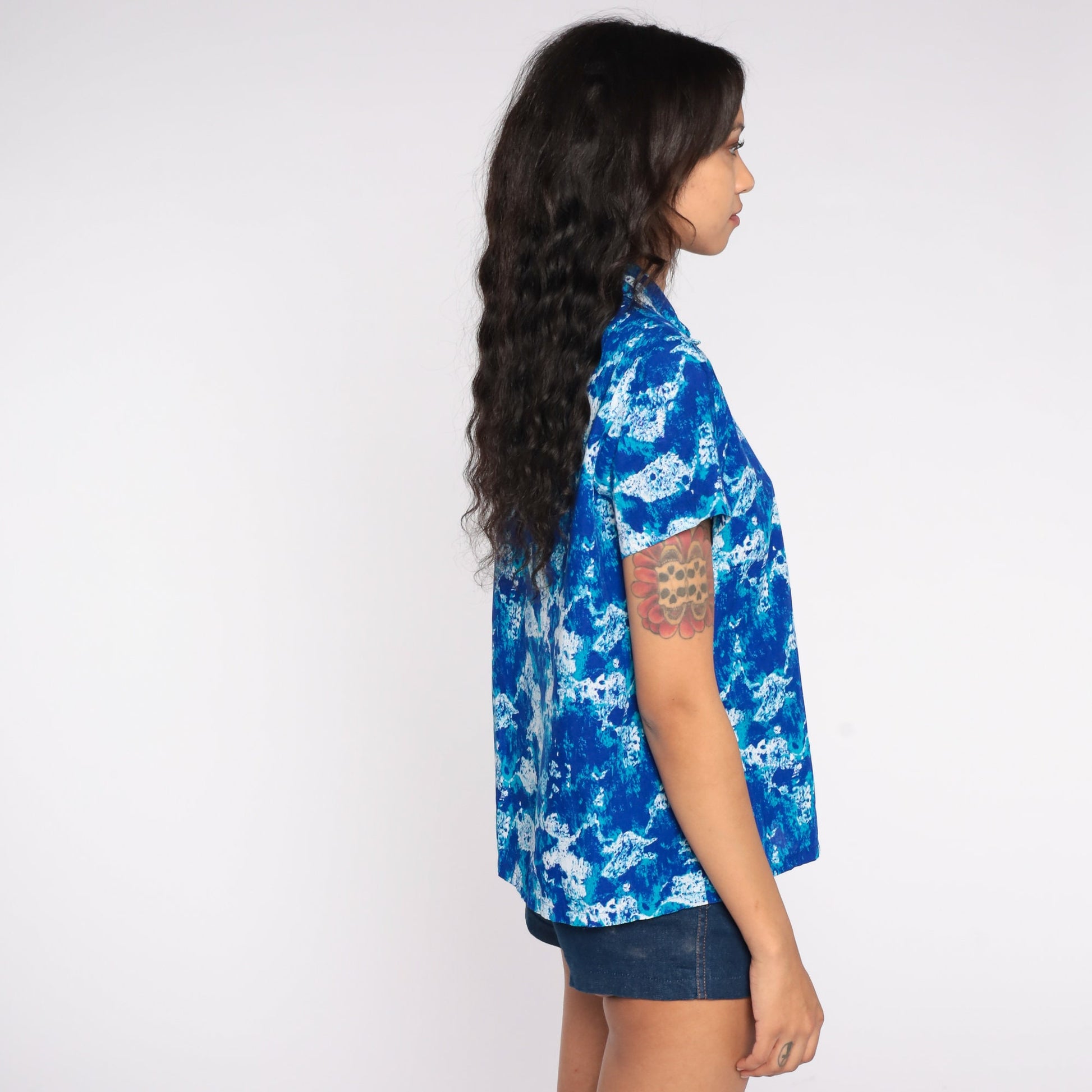 70s Psychedelic Abstract Button Up Blouse Blue Short Sleeve Medium Large