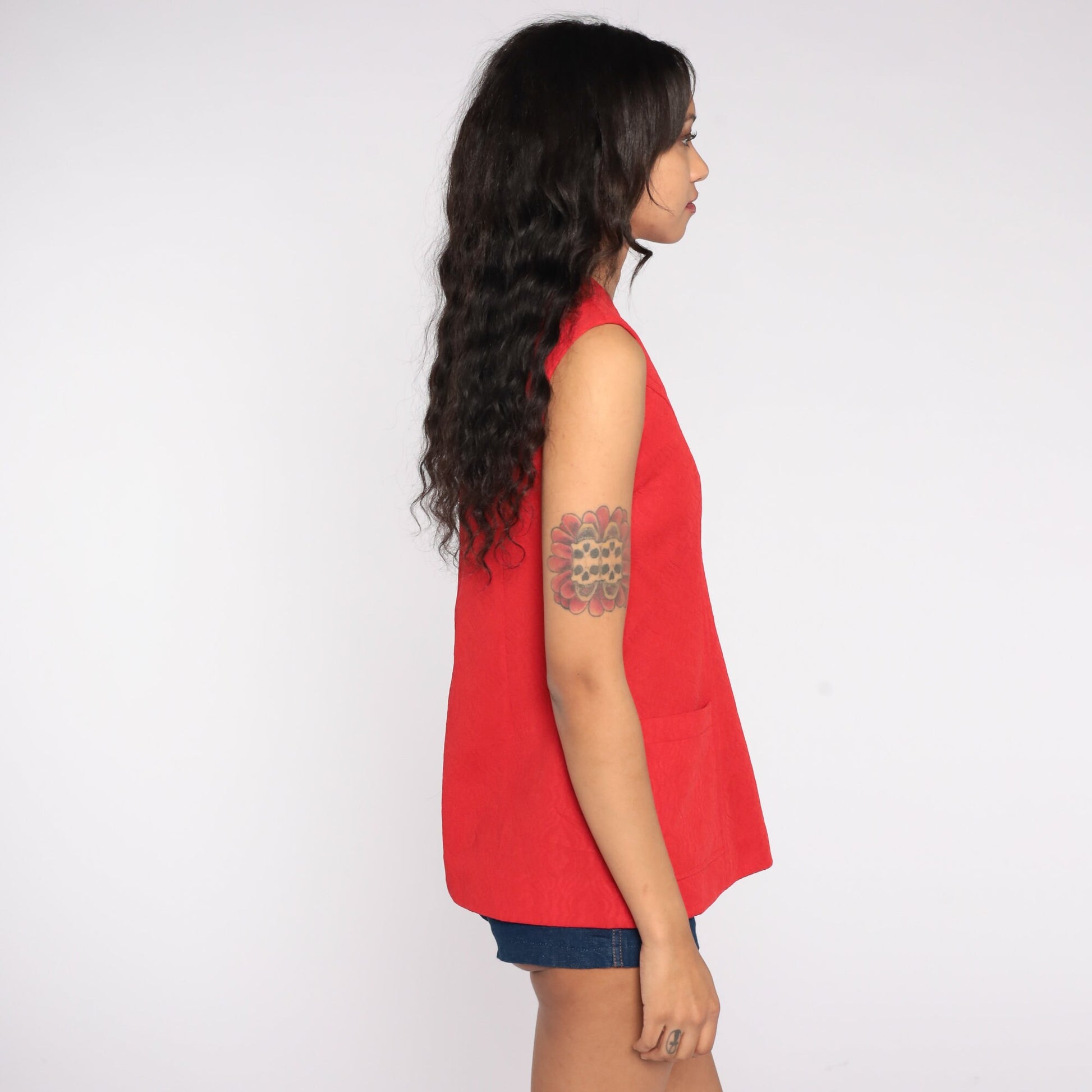 70s Red Geometric Embossed Tank Top Pocket Sleeveless Blouse Small