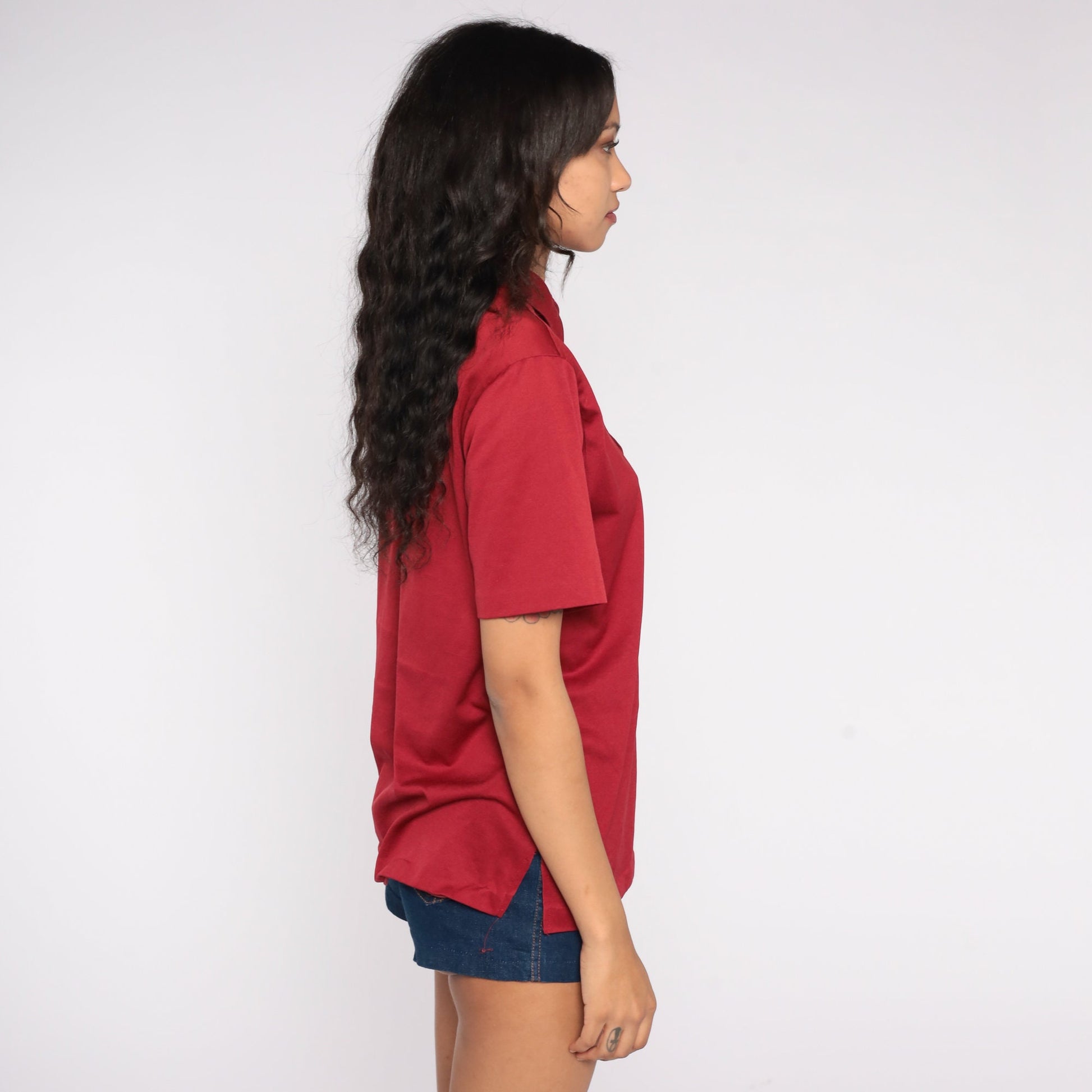 70s Burgundy Polo Shirt Button Up Collared Short Sleeve Medium