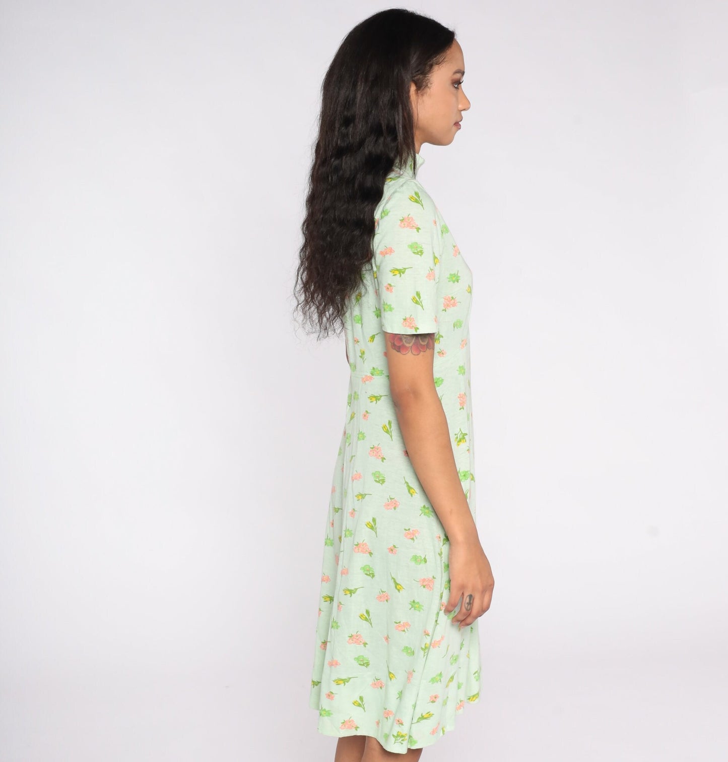 60s Green Floral Empire Waist Midi Dress Short Sleeve Small Medium