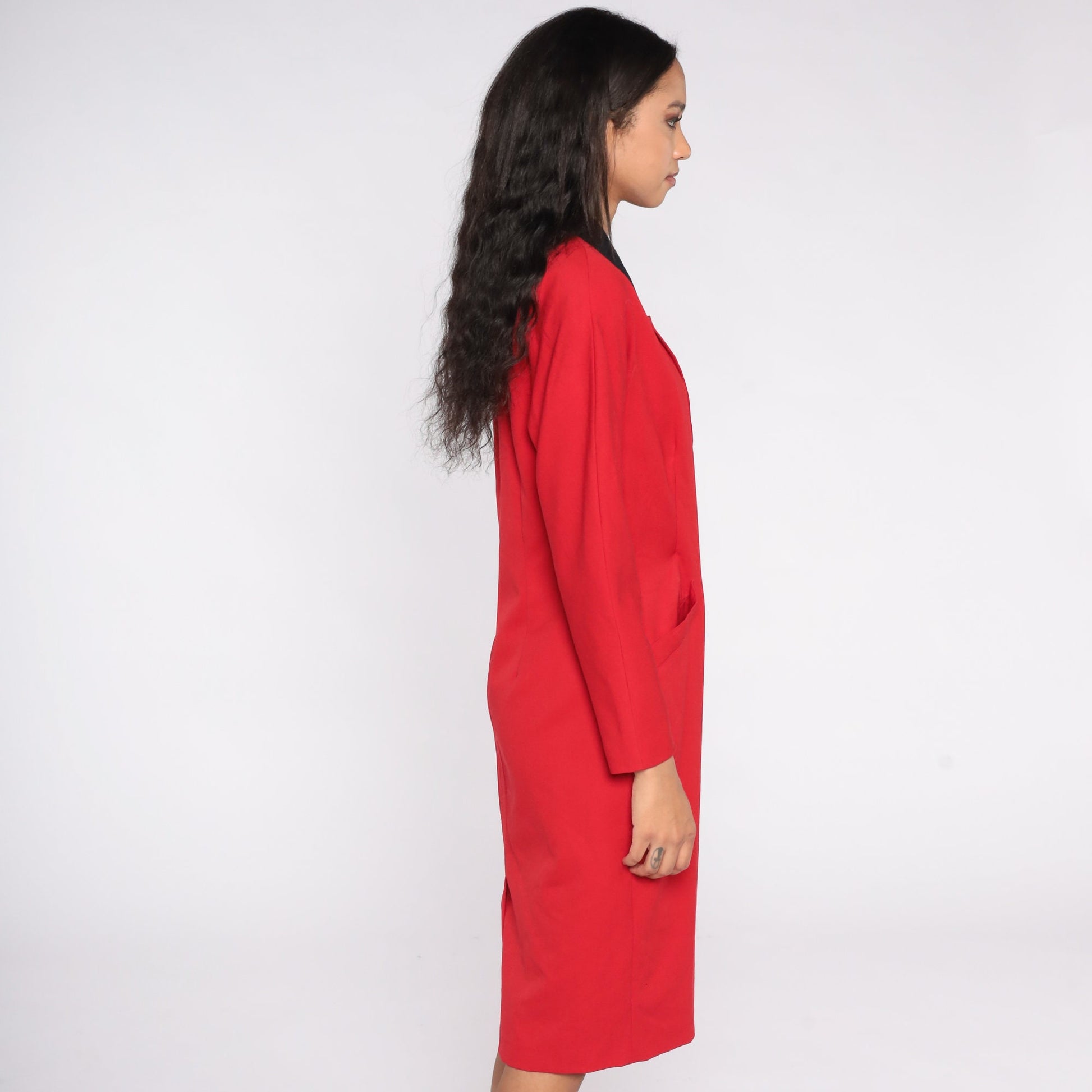 80s Red Wool Wrap Dress High Waist V Neck Midi Long Sleeve Medium 8