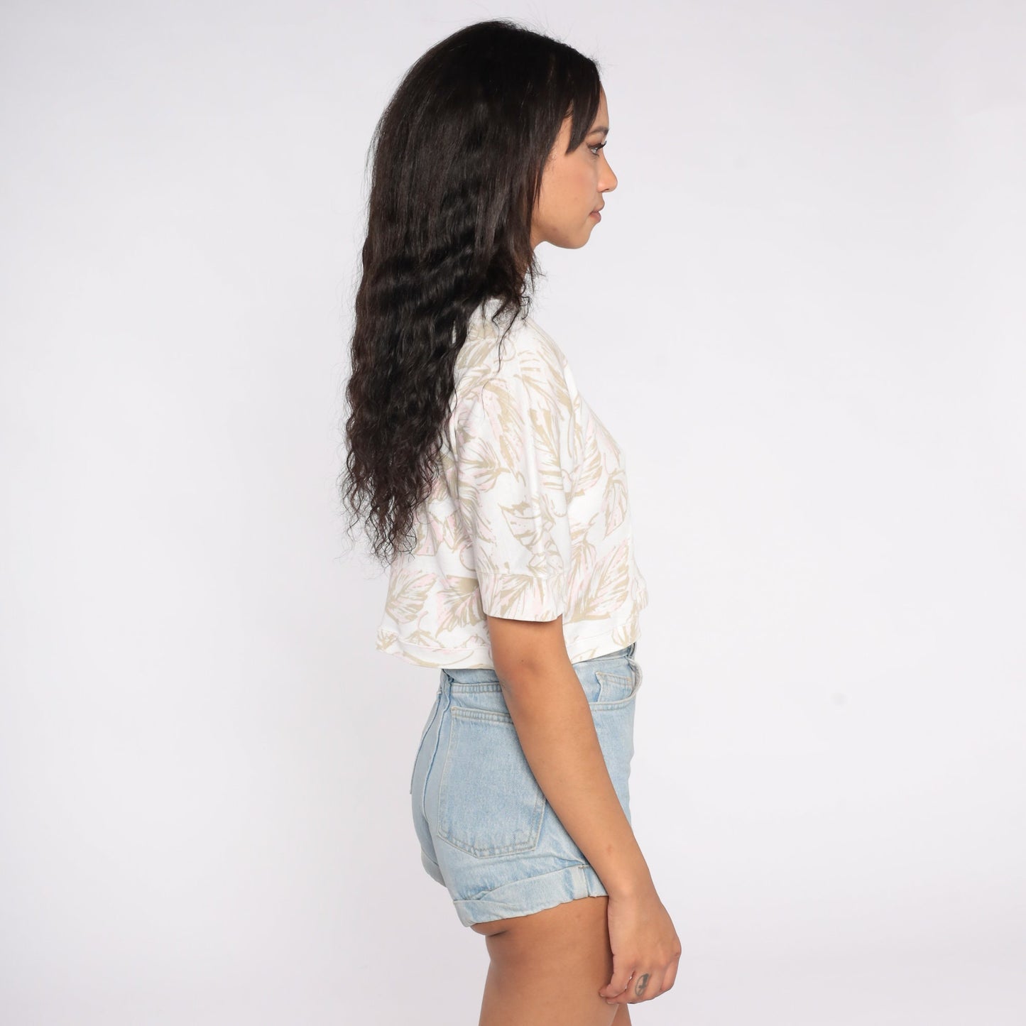 90s Leaf Print Crop Top White Cotton T-Shirt Small S