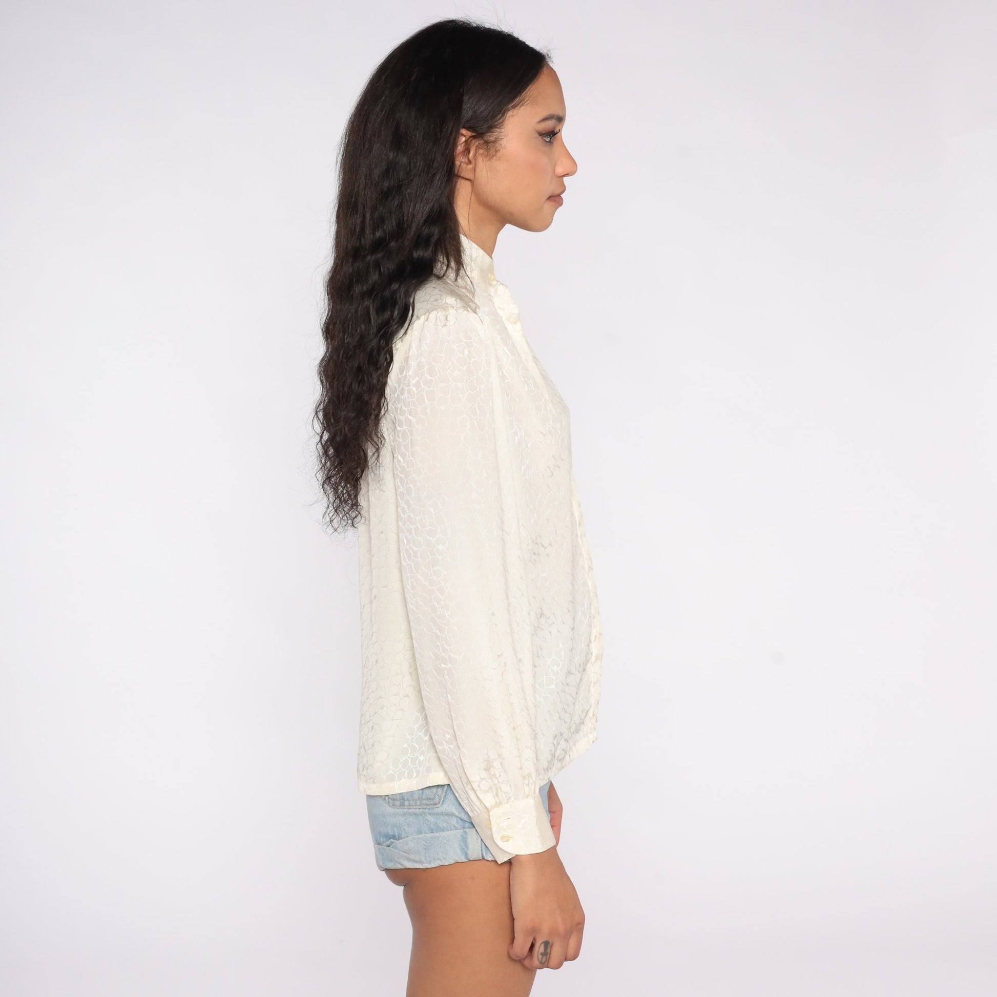 90s Pendleton Cream Button-Up Blouse Mandarin Collar Long Sleeve Medium