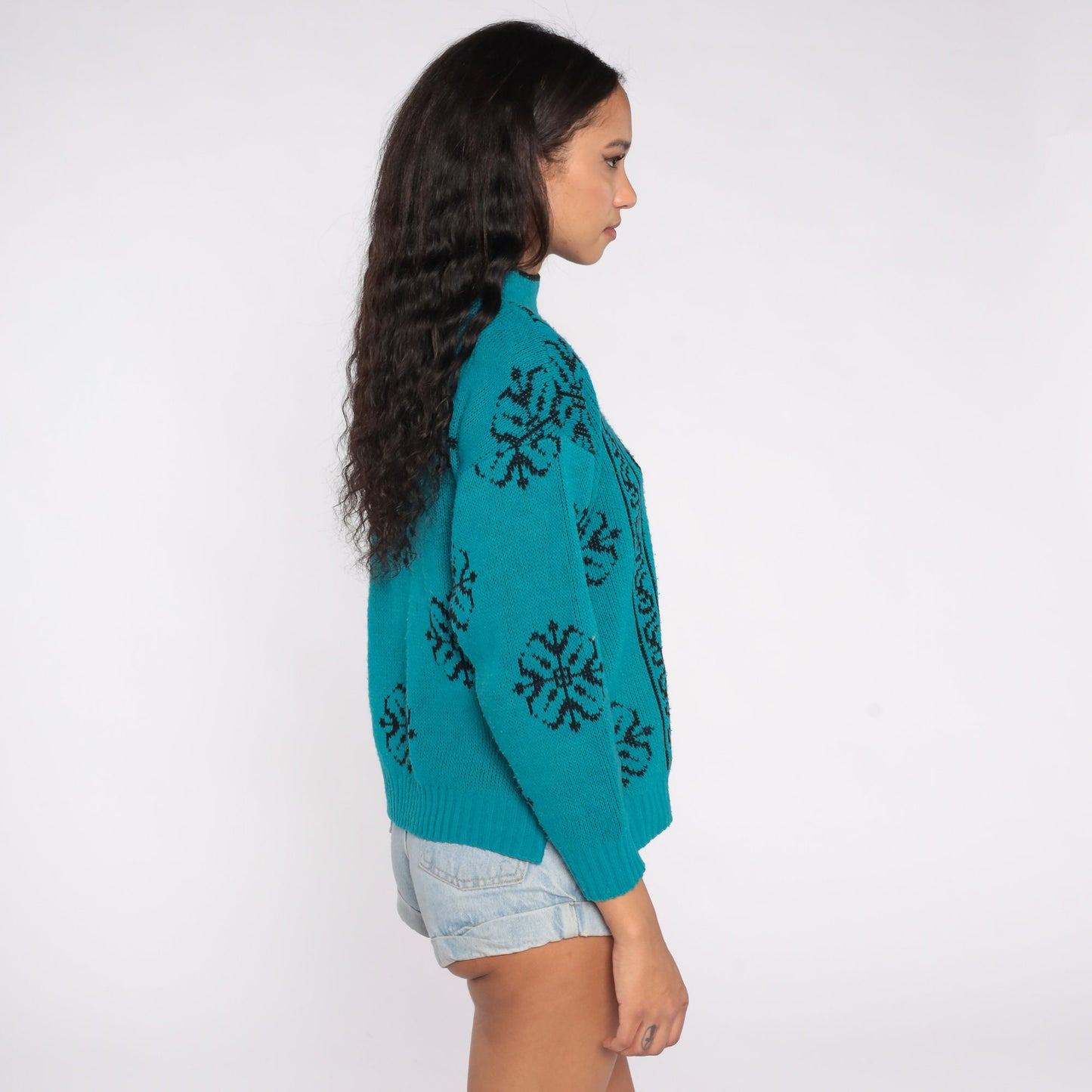 80s Teal Black Floral Knit Sweater Mock Neck Jacquard Pullover Large L