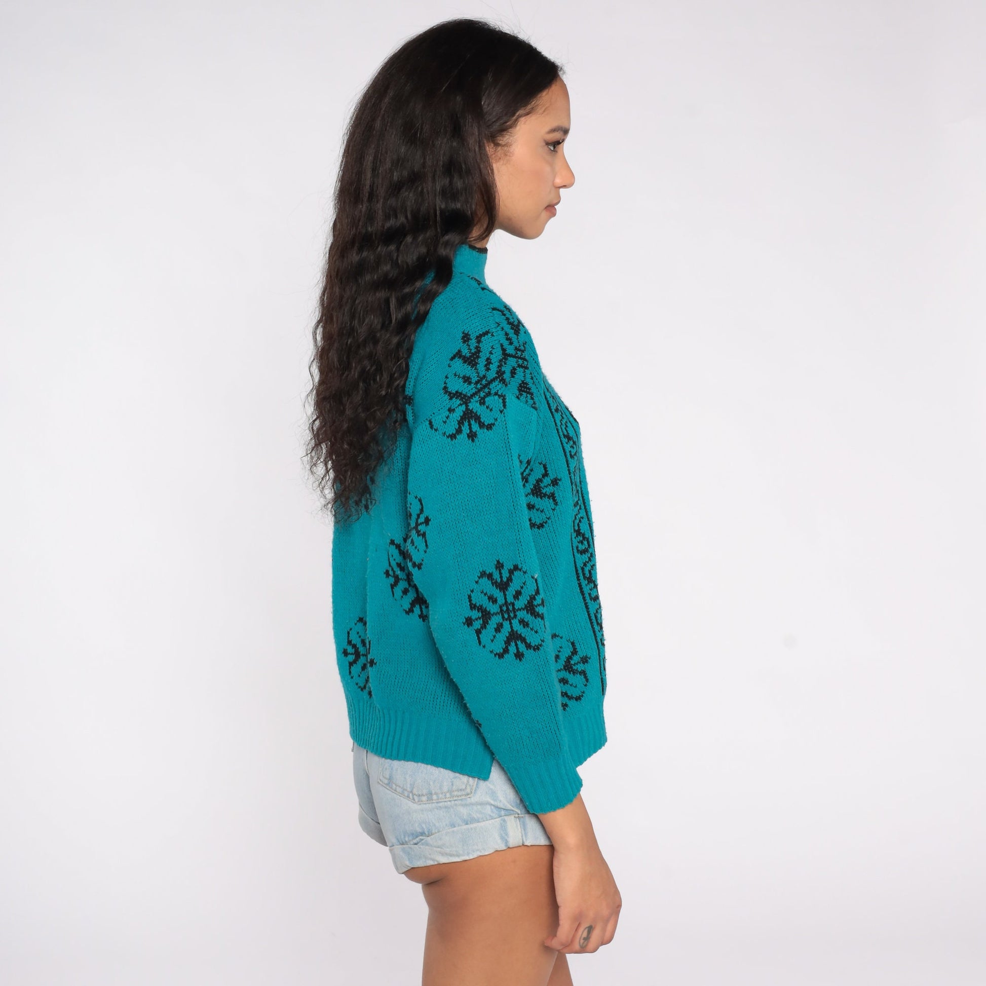 80s Teal Black Floral Knit Sweater Mock Neck Jacquard Pullover Large L