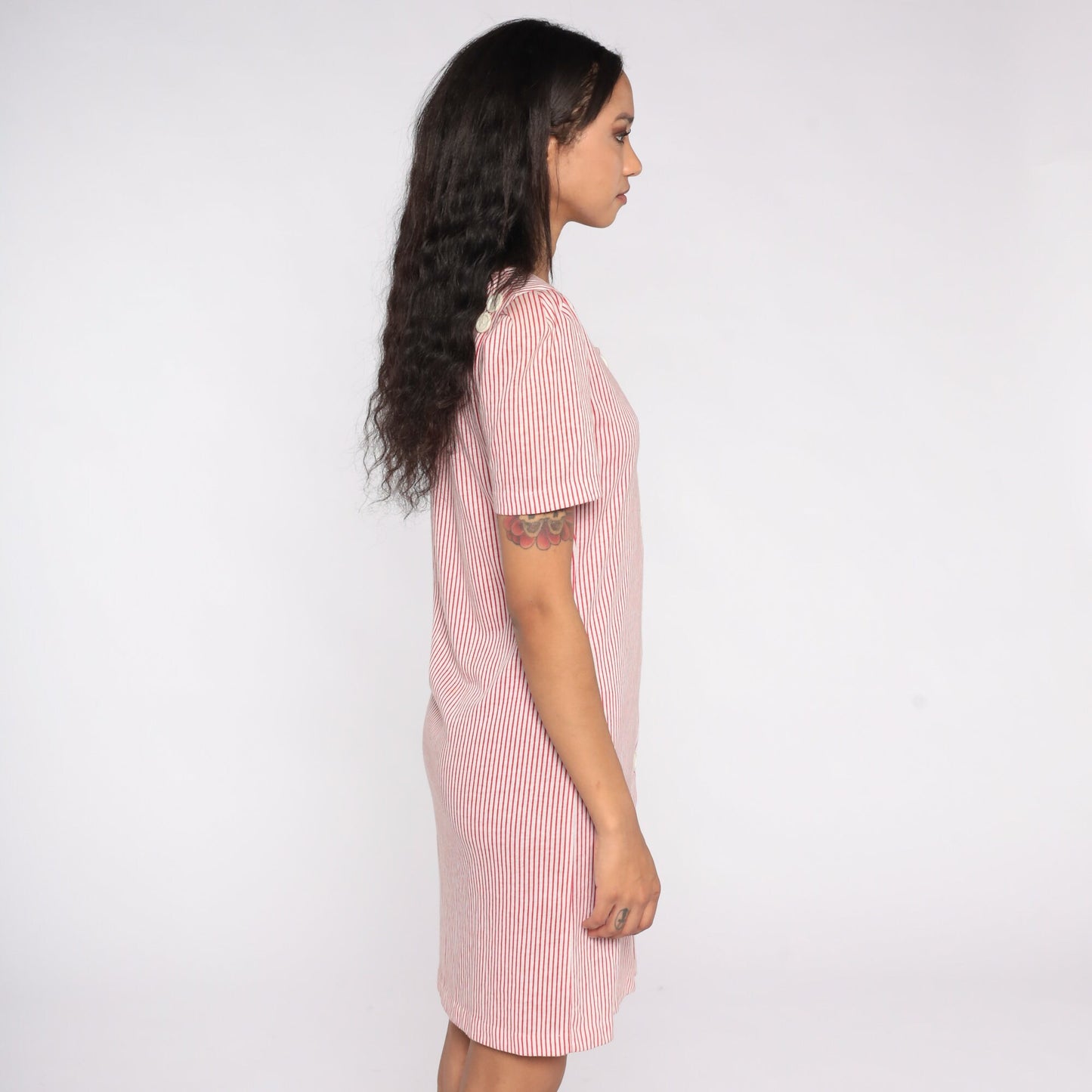 80s Red White Striped Puff Sleeve Mini Shirtdress Small