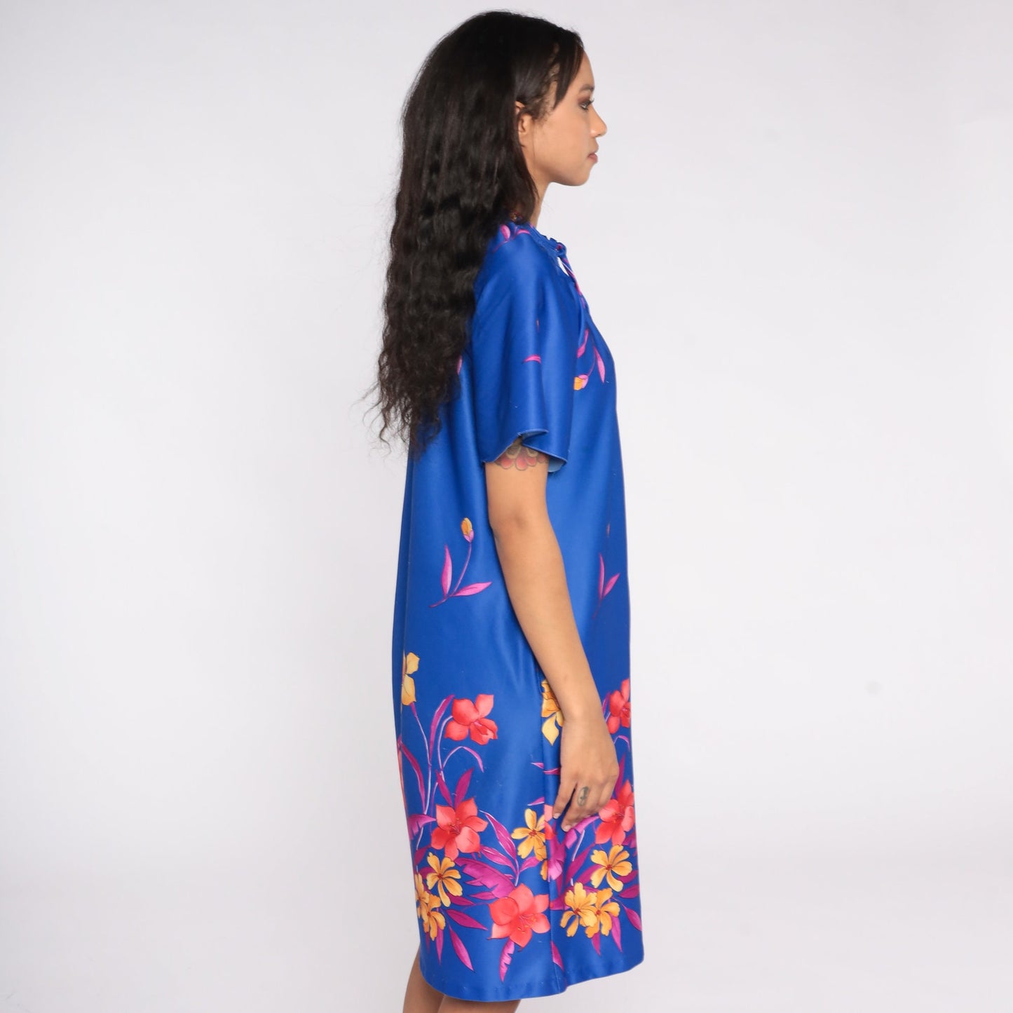 70s Blue Floral Midi Shift Dress Front Zip Lounge Wear Medium