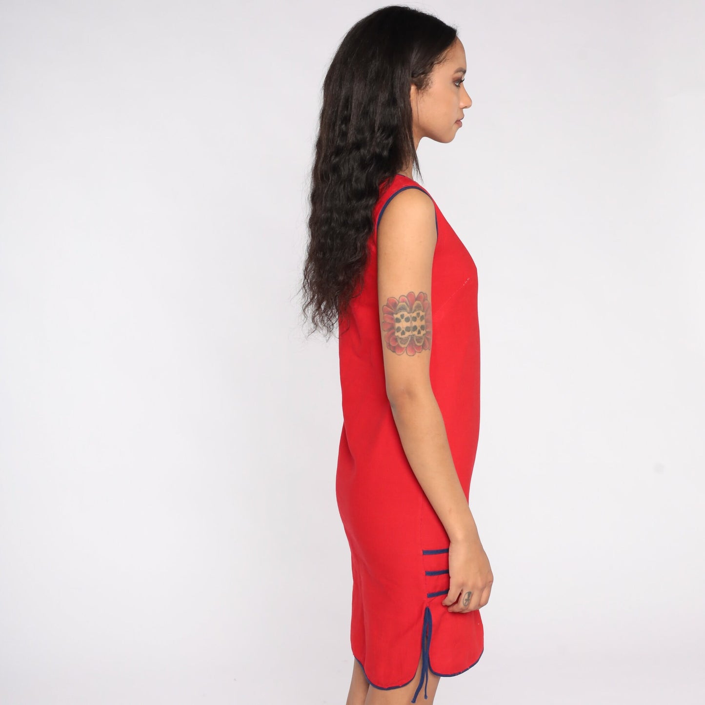 80s Red Mini Sheath Dress Striped Trim Sleeveless Extra Small