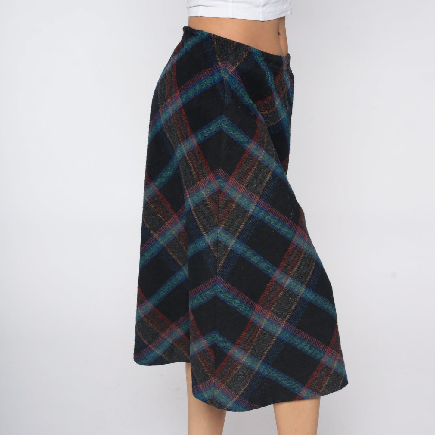70s Wool Plaid Midi Skirt High Waist Tartan Black Blue Medium Large