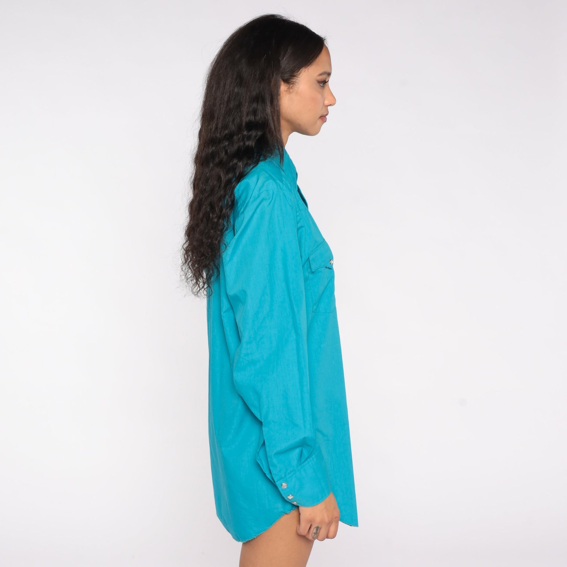 70s Turquoise Western Shirt Pearl Snap Dagger Collar Long Sleeve Men's Large