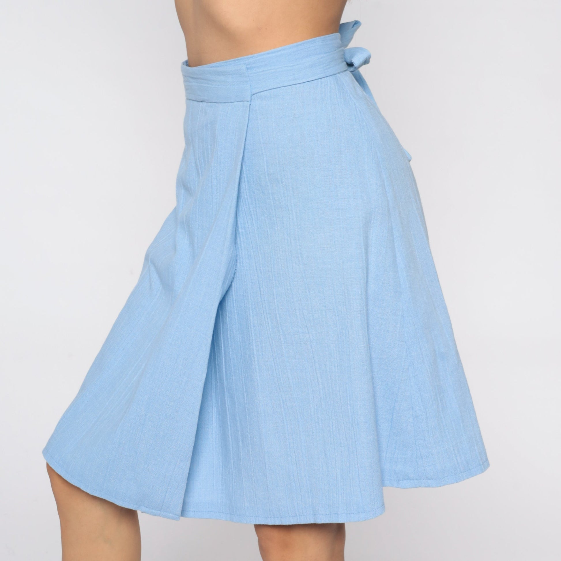 70s Powder Blue Wrap Skirt High Waisted Mini Cotton Blend Small
