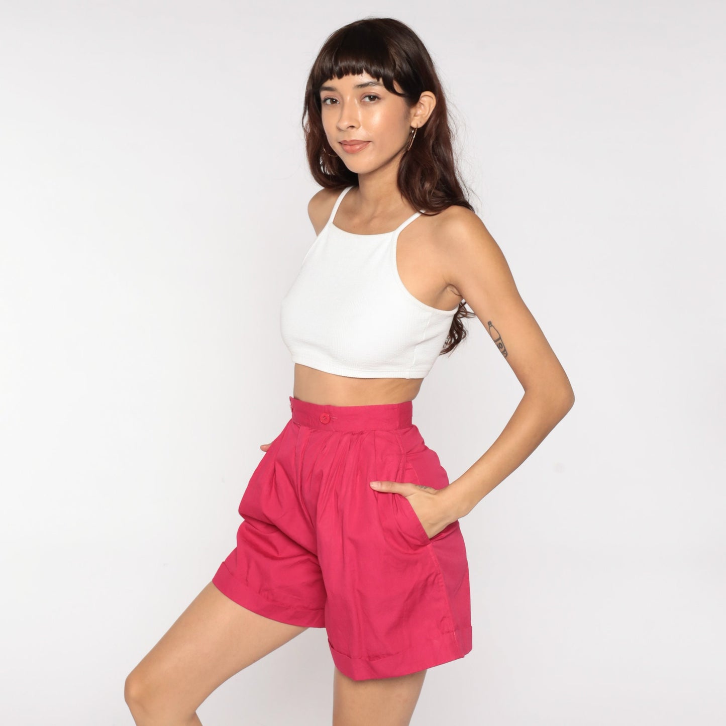 80s Deep Pink High-Waisted Pleated Cotton Shorts Small