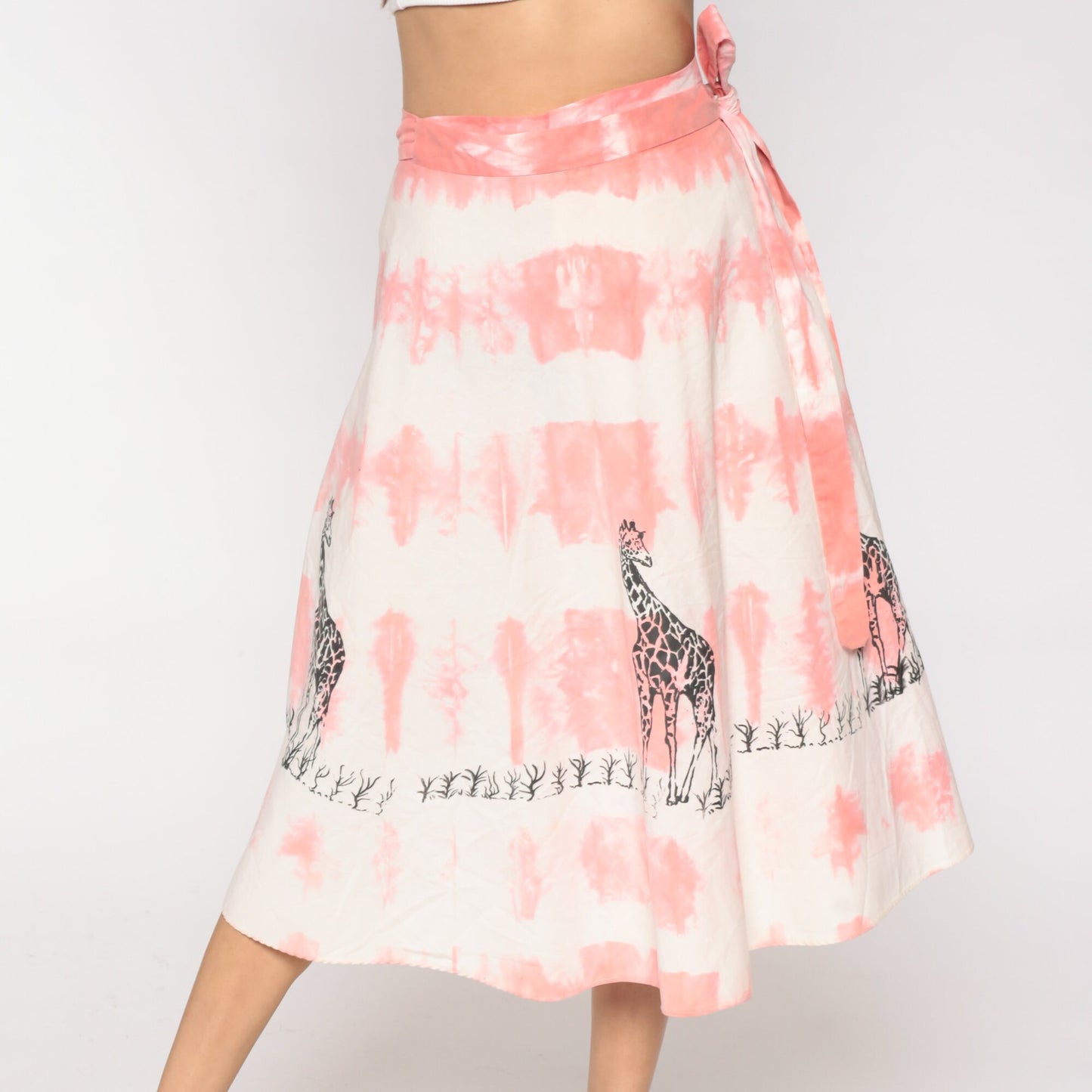 70s Tie Dye Giraffe Print Wrap Skirt Midi Pink High Waisted Small