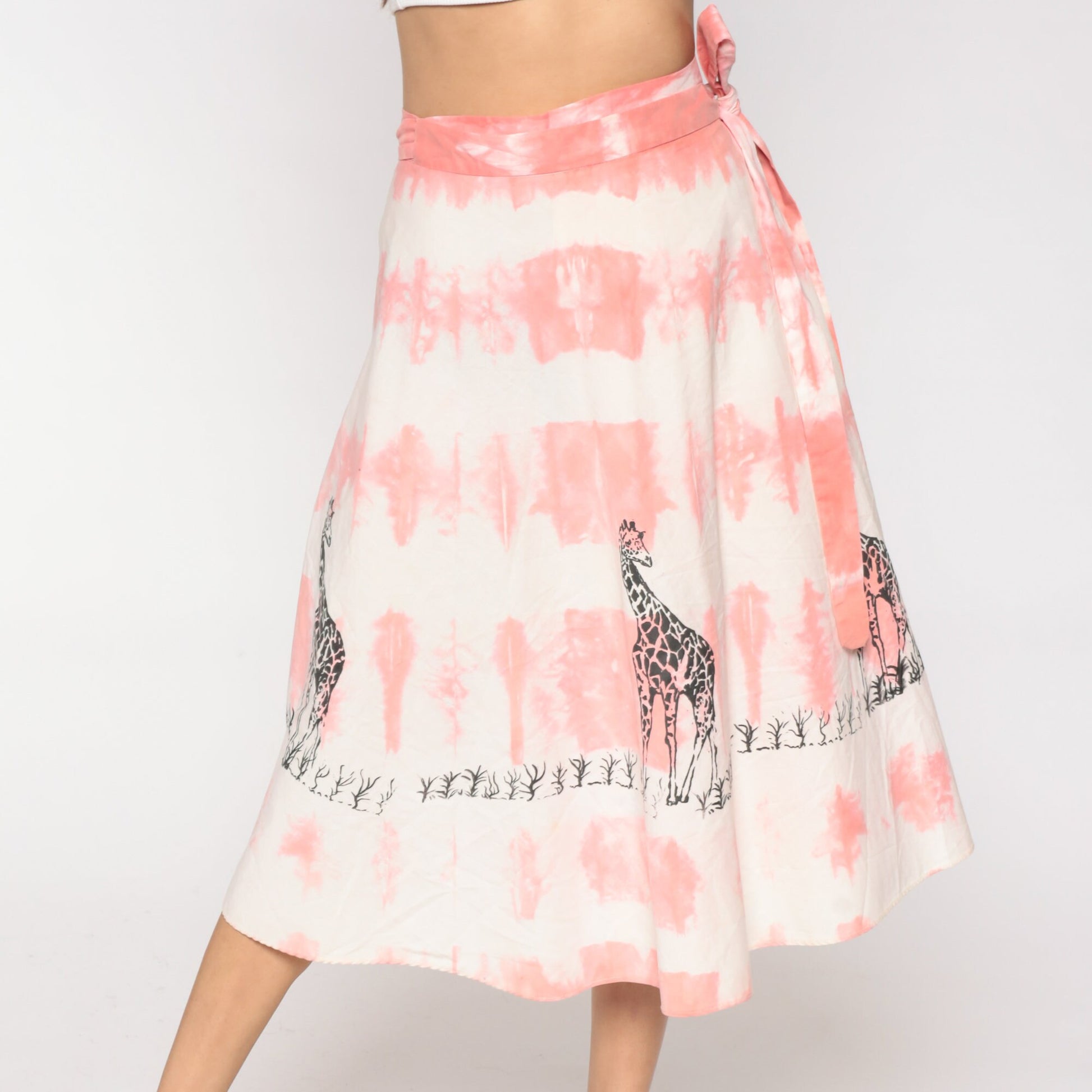 70s Tie Dye Giraffe Print Wrap Skirt Midi Pink High Waisted Small
