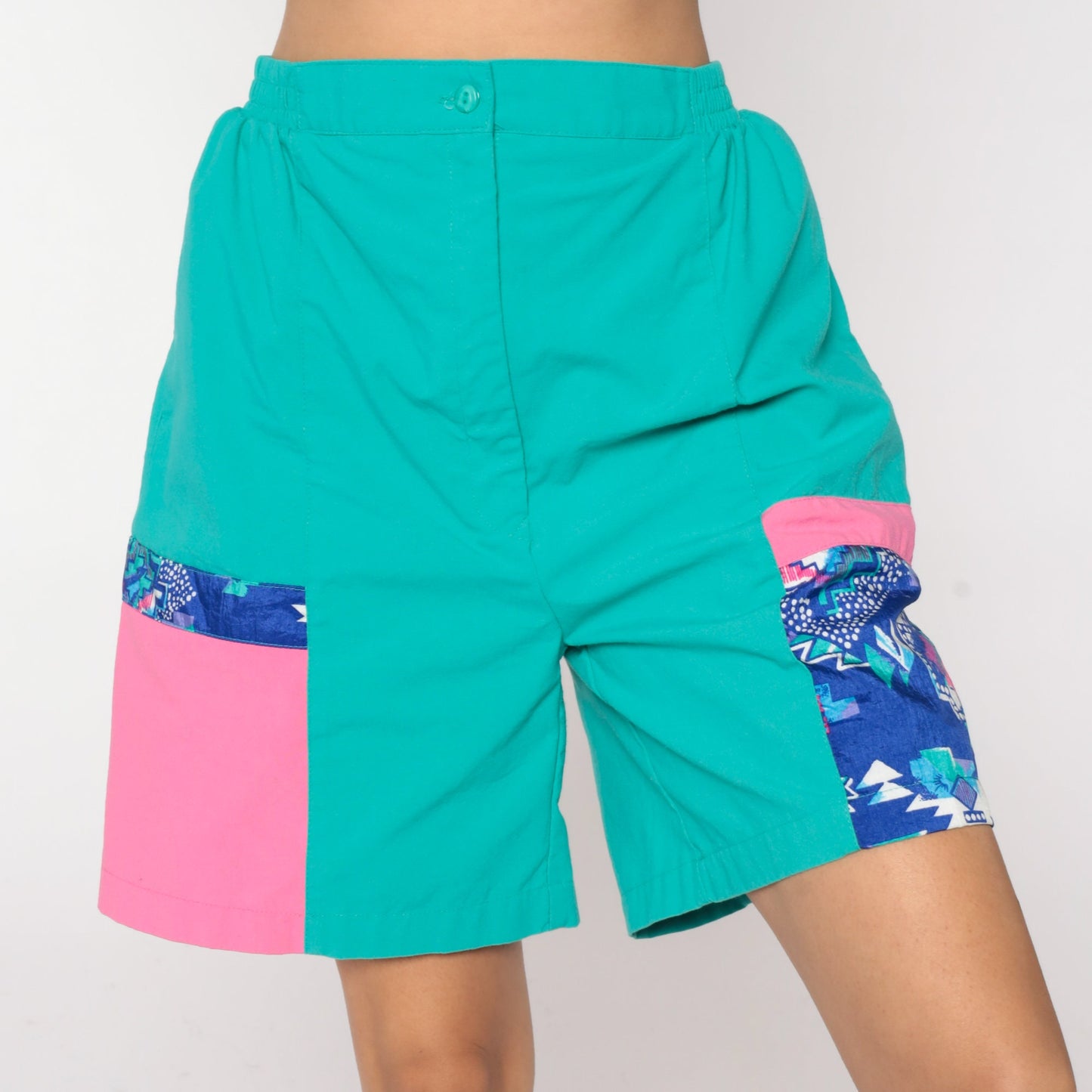 80s Colour Block Turquoise High-Waisted Shorts Pink Large L