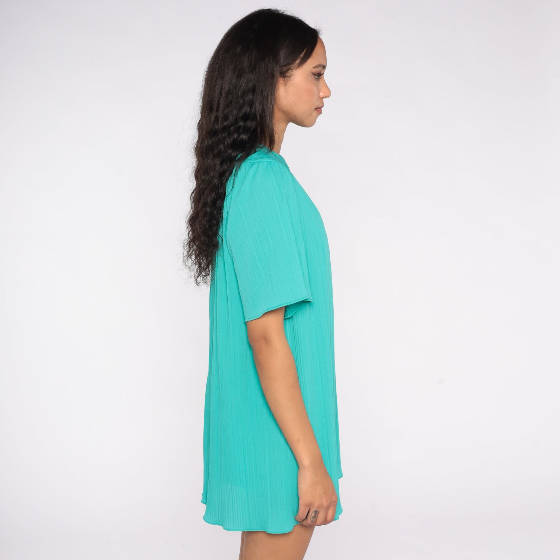70s Teal Tent Mini Dress Pleated Flutter Sleeve Keyhole Back Large L