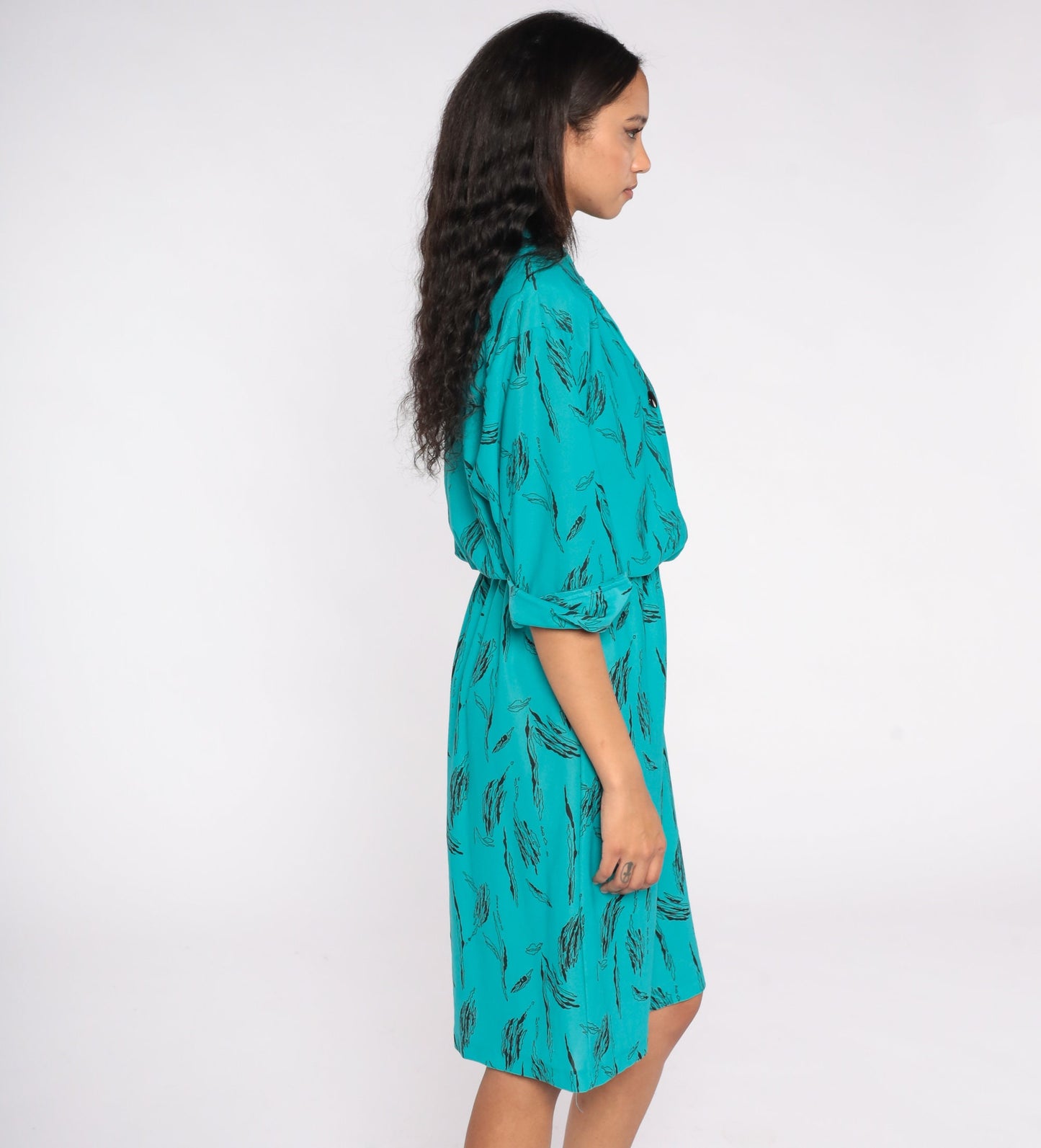 80s Abstract Print Shirt Dress Midi Double Breasted High Waist Teal Medium M