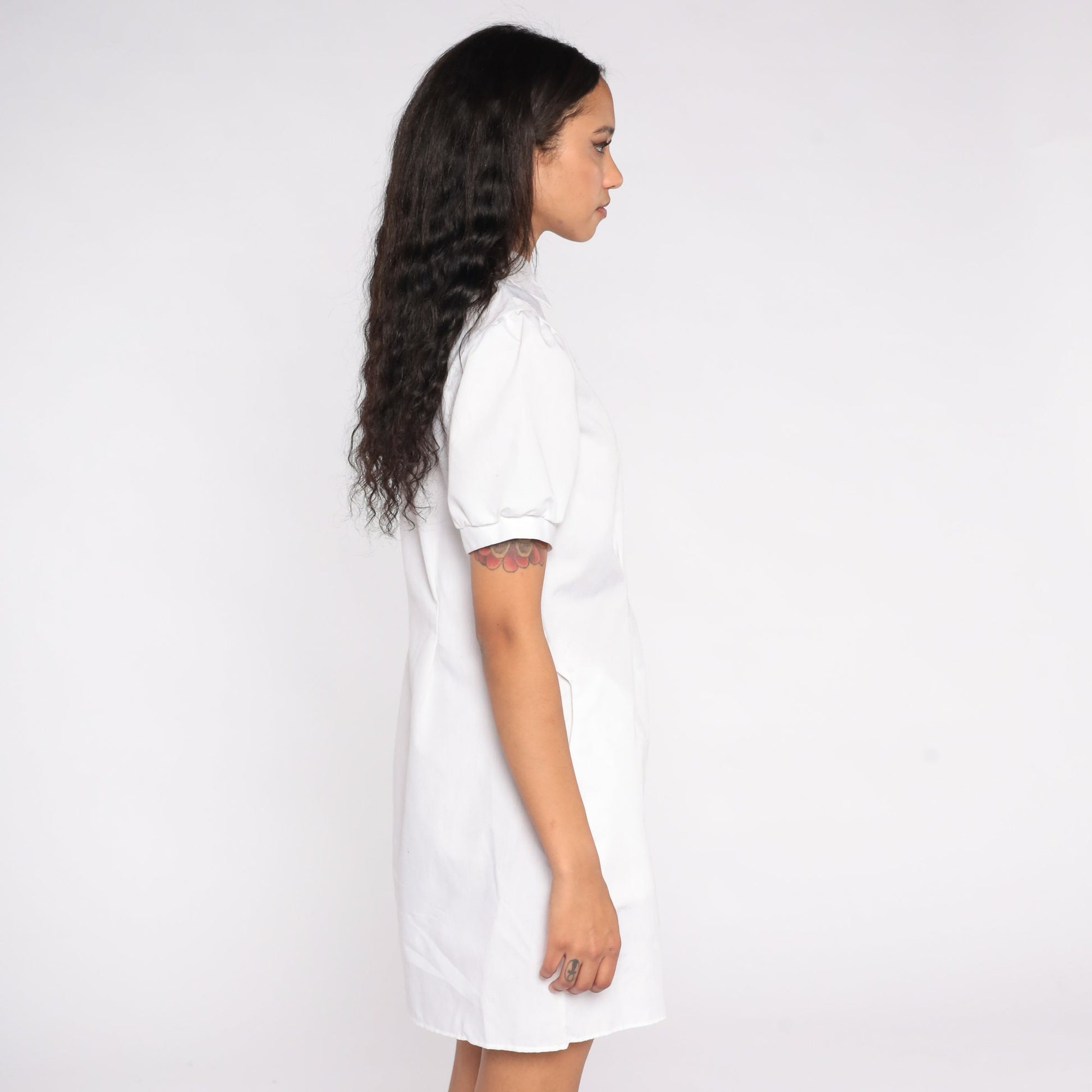 80s White Mini Dress Puff Sleeve Collar Floral Embroidered Button-Up Medium M