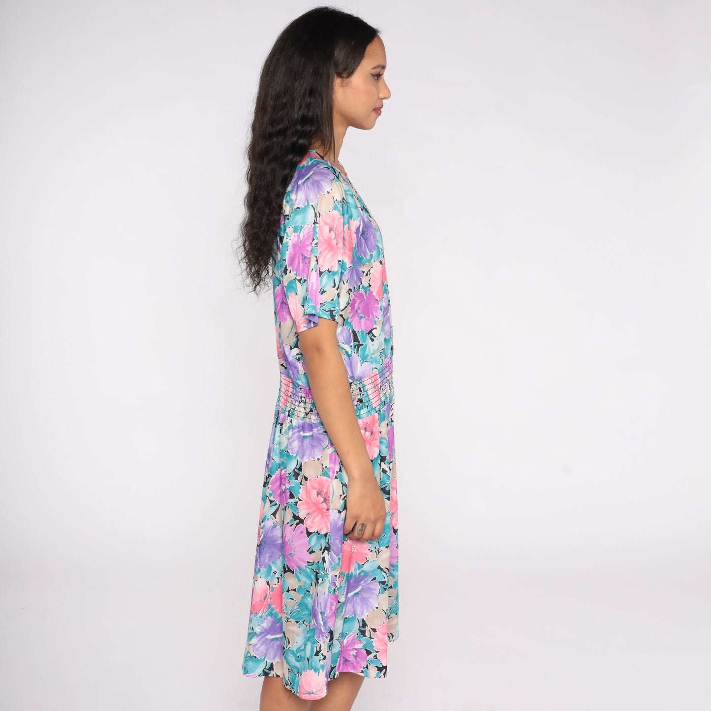 80s Floral Midi Dress Elastic Waist Short Sleeve Blouson Large L