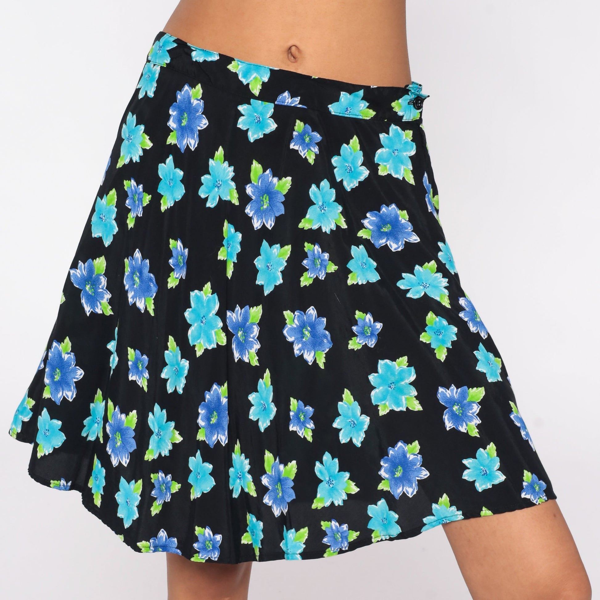 90s Floral Mini Skirt Black Blue Flower Print Rayon Medium