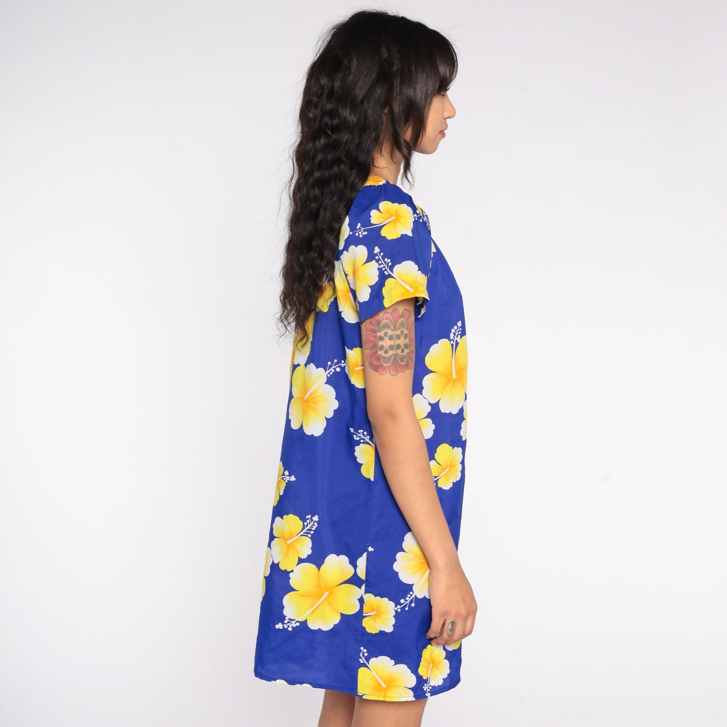 80s Hawaiian Floral Mini Dress Tent Cut Hibiscus Print Short Sleeve Medium