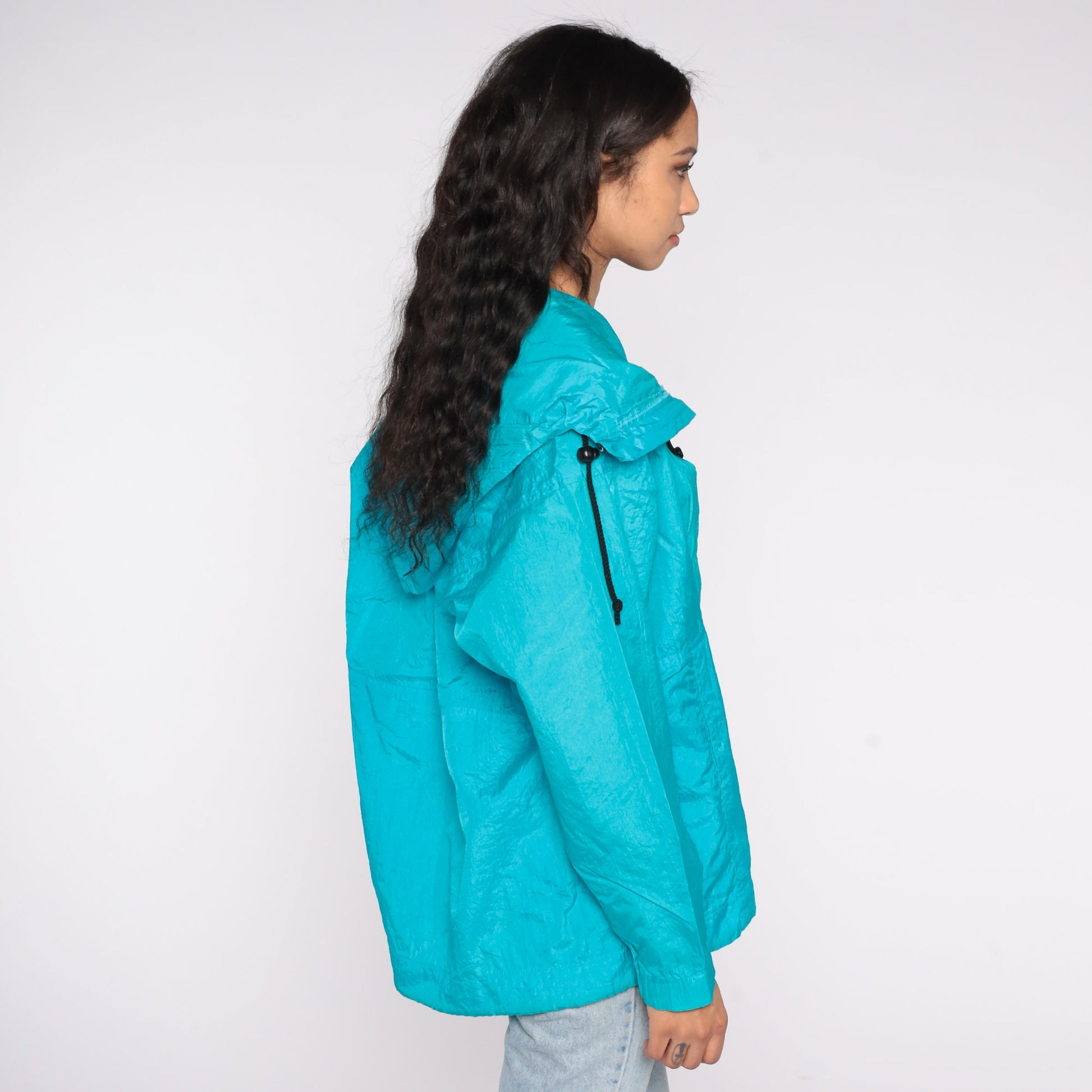 90s Turquoise Shiny Windbreaker Jacket Quarter Zip Hood Red Pepper Medium M