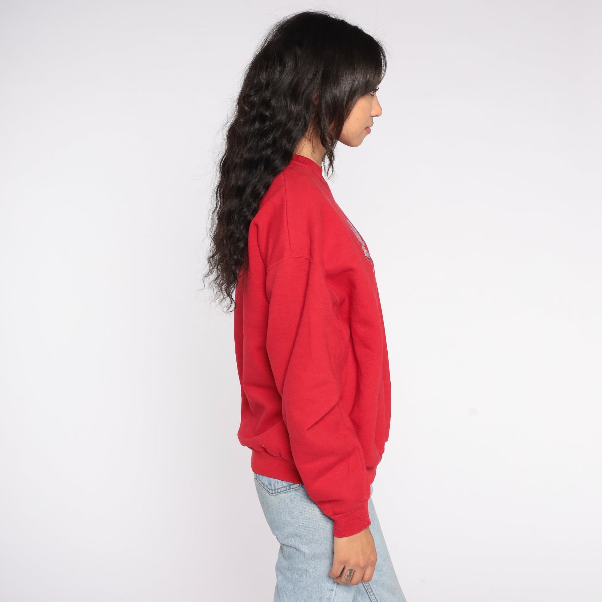 Y2K Cat Graphic Sweatshirt Red Crewneck Pullover Large L