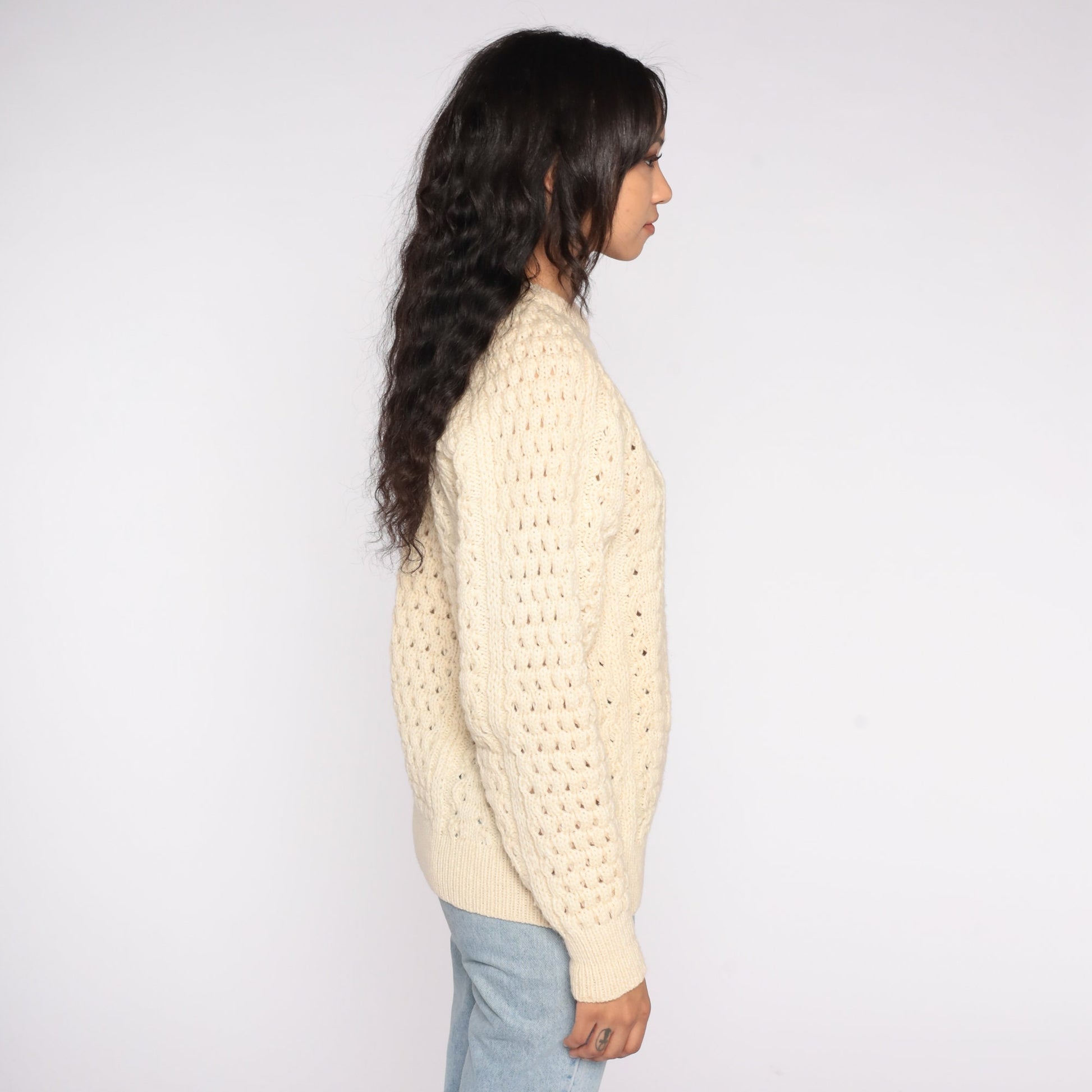 80s Cream Wool Cable Knit Raglan Sweater Fisherman Pullover Medium